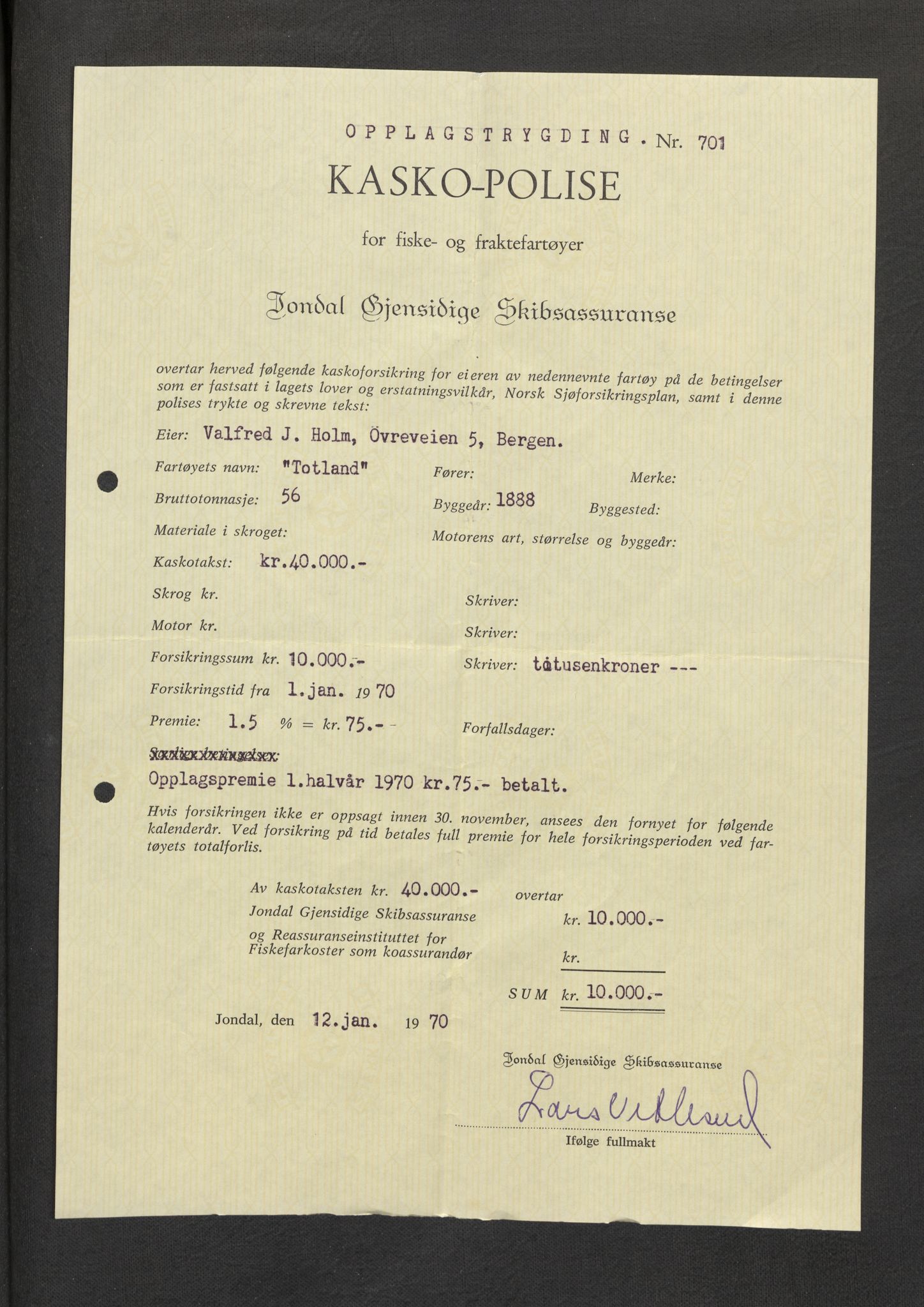 Jondal Skipsassuranseforening, AV/SAB-SAB/PA-0276/E/L0132: Korrespondanse , 1970-1977