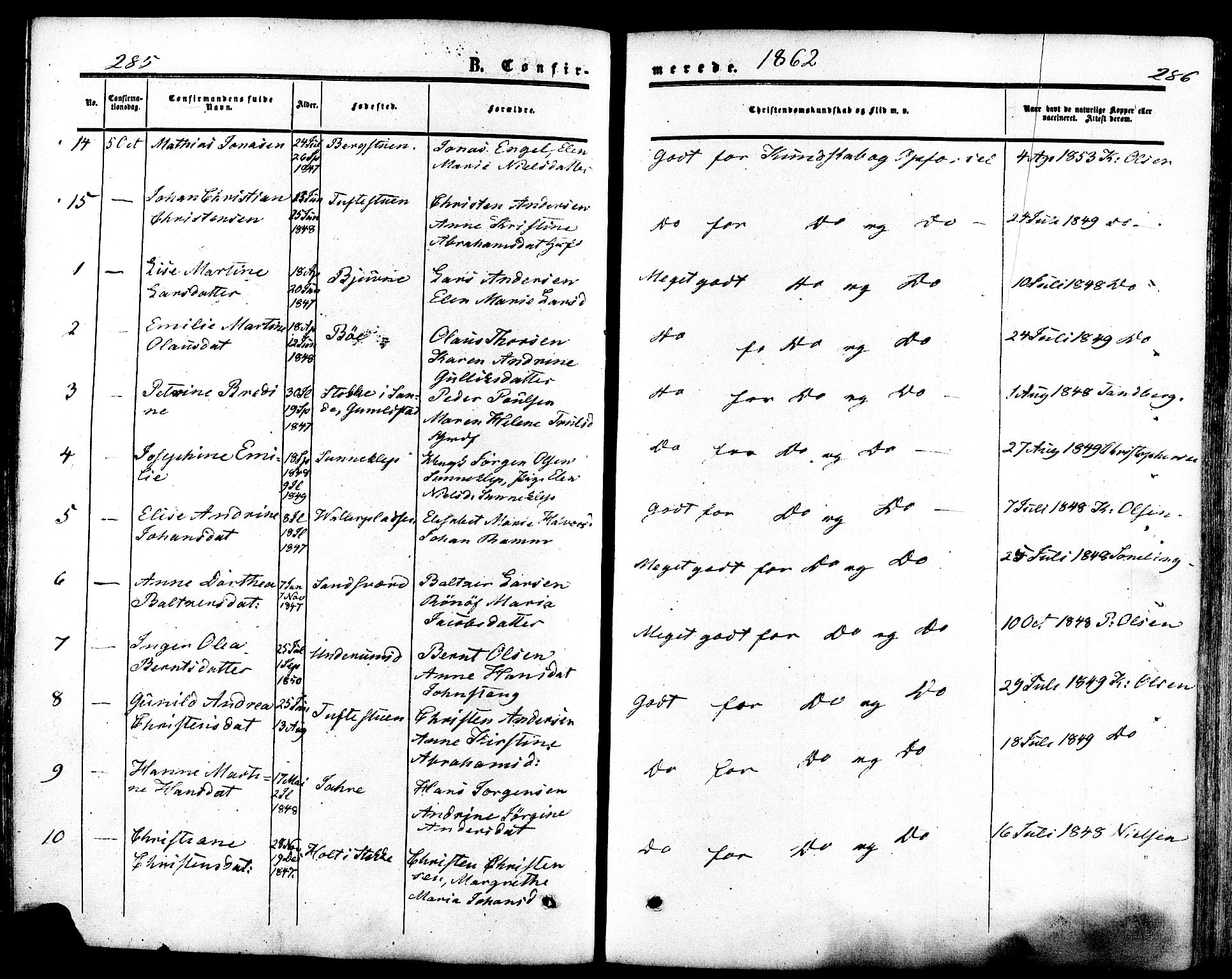 Ramnes kirkebøker, SAKO/A-314/F/Fa/L0006: Ministerialbok nr. I 6, 1862-1877, s. 285-286