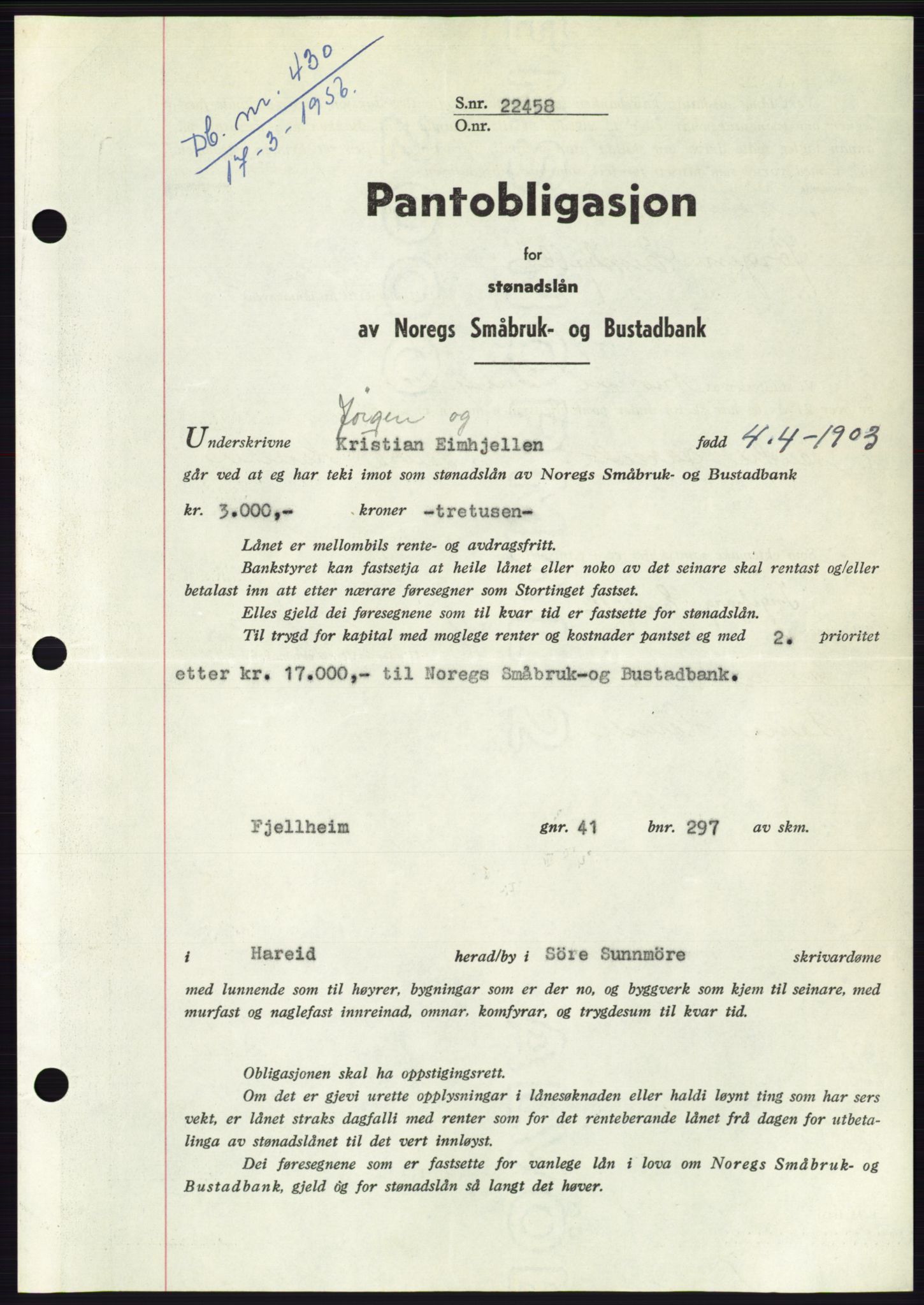 Søre Sunnmøre sorenskriveri, SAT/A-4122/1/2/2C/L0128: Pantebok nr. 16B, 1956-1956, Dagboknr: 430/1956