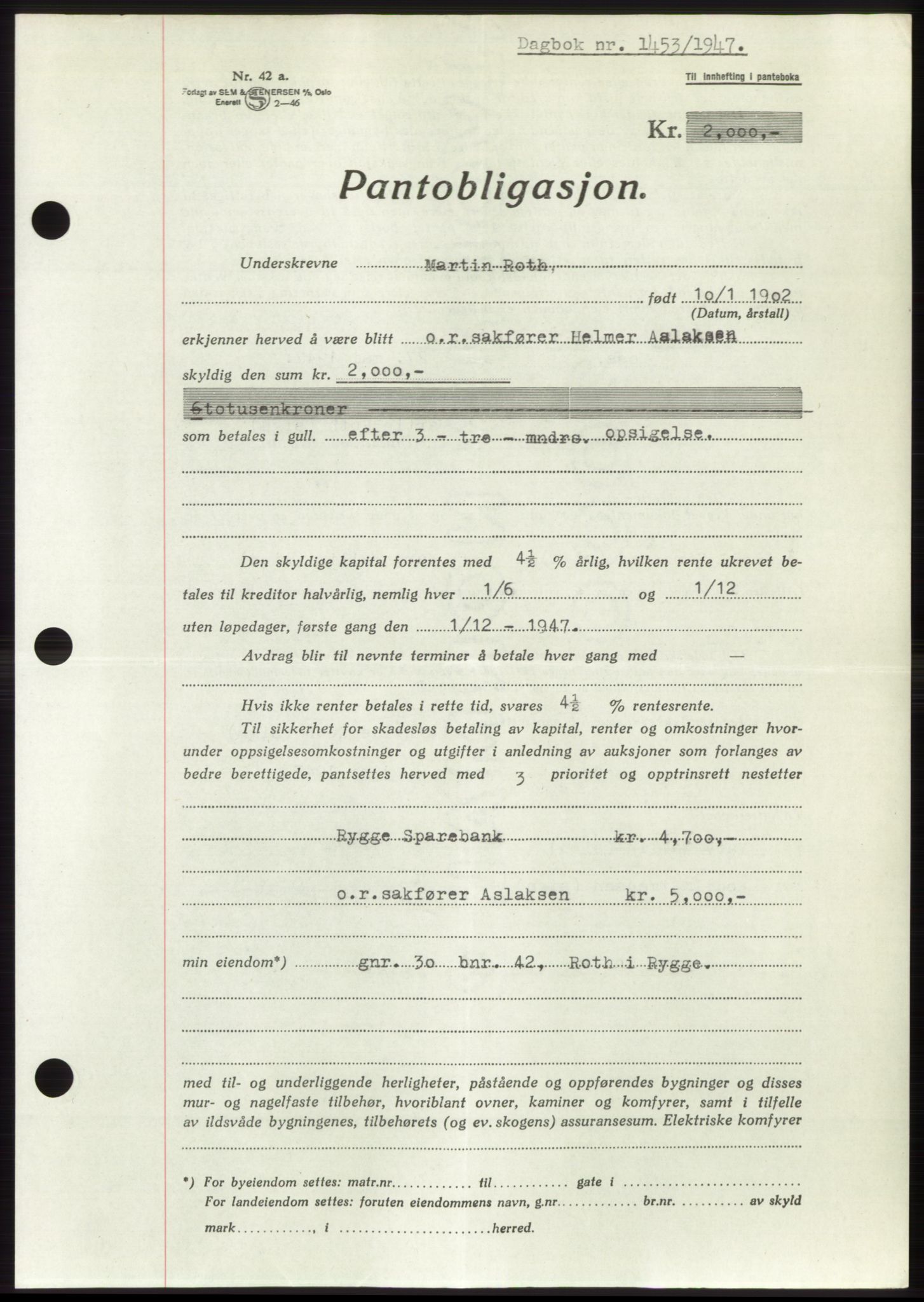 Moss sorenskriveri, SAO/A-10168: Pantebok nr. B17, 1947-1947, Dagboknr: 1453/1947