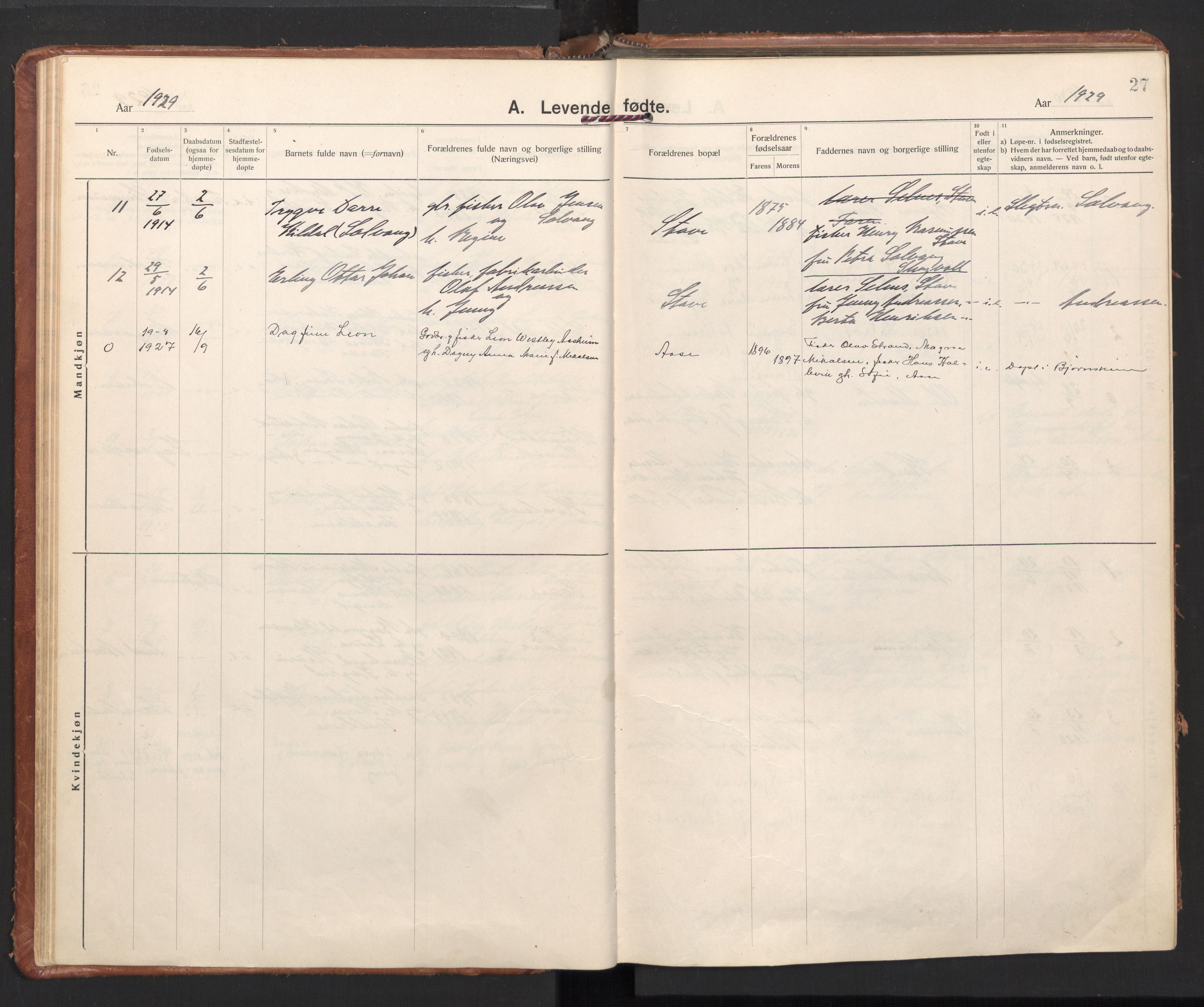 Ministerialprotokoller, klokkerbøker og fødselsregistre - Nordland, AV/SAT-A-1459/897/L1408: Ministerialbok nr. 897A15, 1922-1938, s. 27