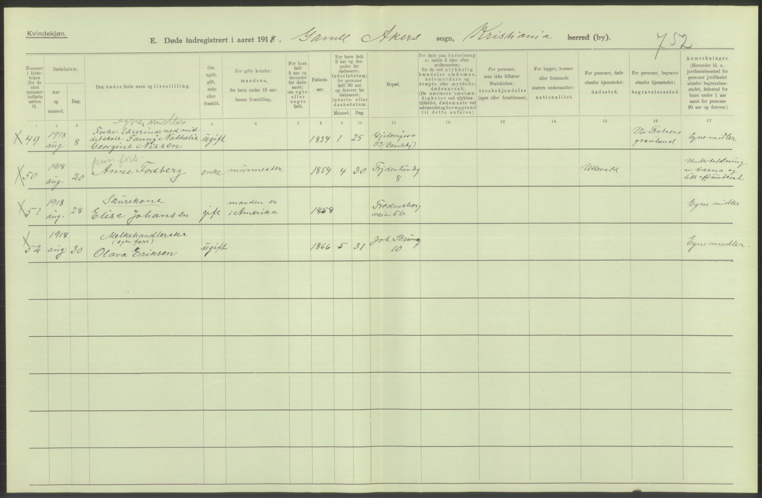 Statistisk sentralbyrå, Sosiodemografiske emner, Befolkning, AV/RA-S-2228/D/Df/Dfb/Dfbh/L0010: Kristiania: Døde, 1918, s. 356