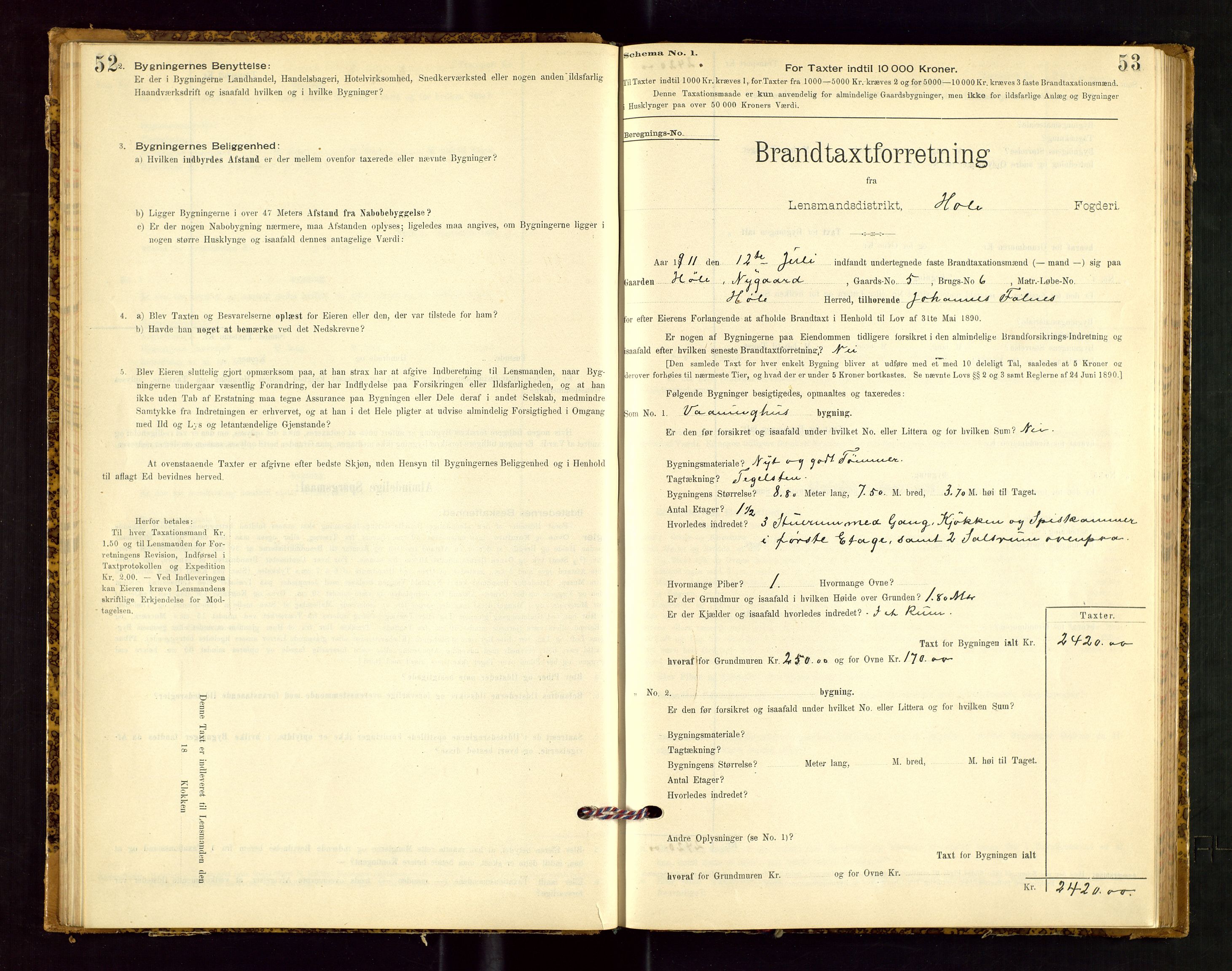 Høle og Forsand lensmannskontor, AV/SAST-A-100127/Gob/L0001: "Brandtaxtprotokol" - skjematakst, 1897-1940, s. 52-53