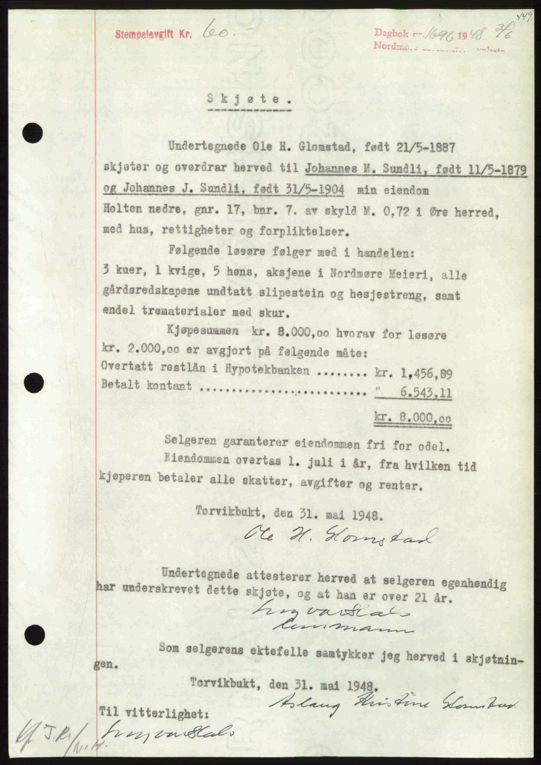 Nordmøre sorenskriveri, SAT/A-4132/1/2/2Ca: Pantebok nr. A108, 1948-1948, Dagboknr: 1696/1948