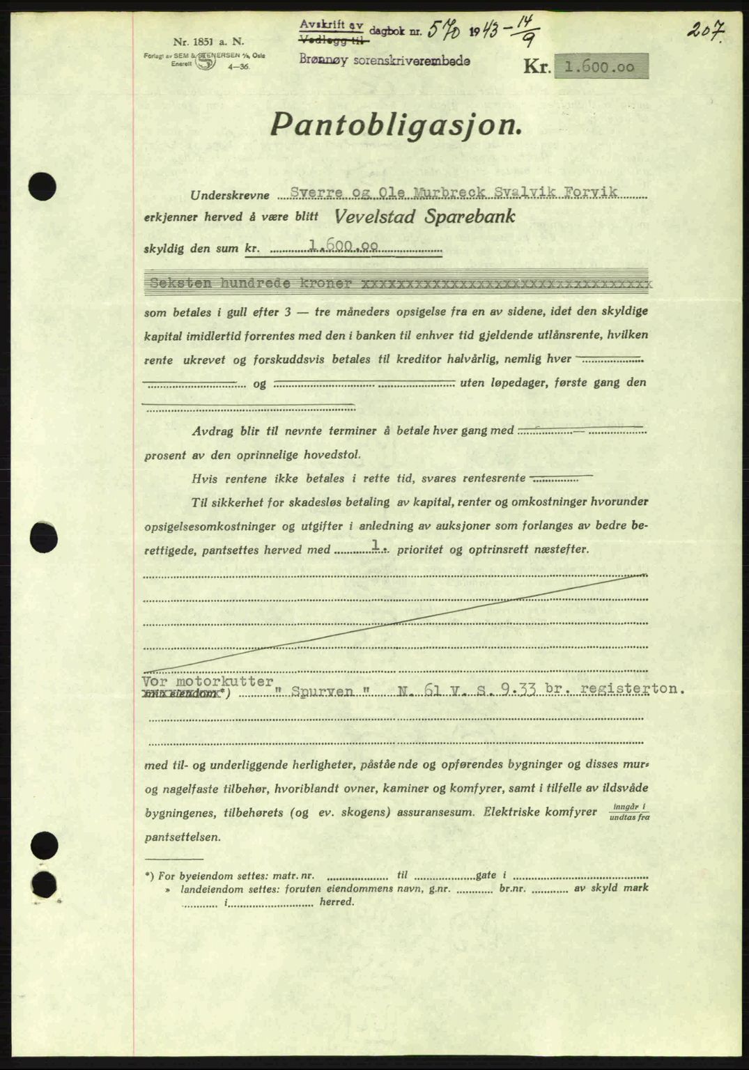 Brønnøy sorenskriveri, SAT/A-4170/1/2/2C: Pantebok nr. 23, 1943-1944, Dagboknr: 570/1943