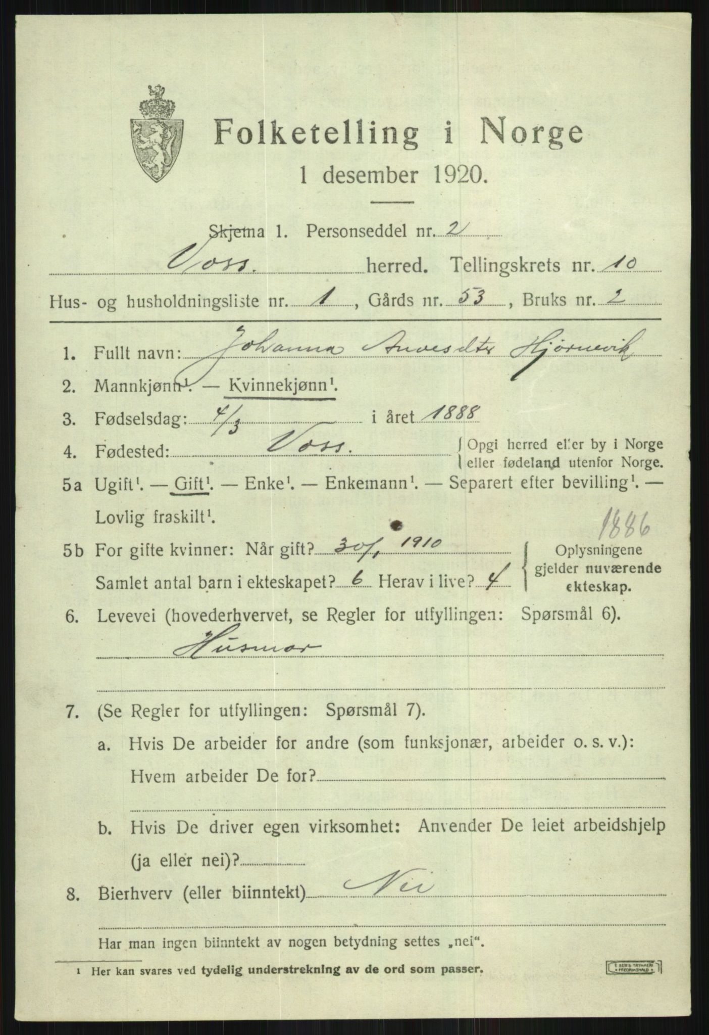 SAB, Folketelling 1920 for 1235 Voss herred, 1920, s. 9319