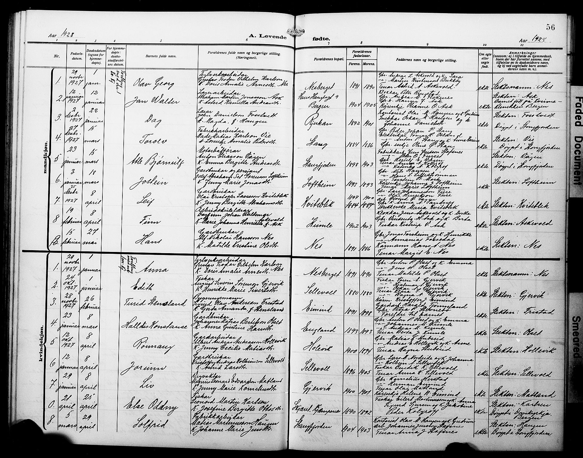 Askvoll sokneprestembete, AV/SAB-A-79501/H/Hab/Haba/L0004: Klokkerbok nr. A 4, 1913-1929, s. 56