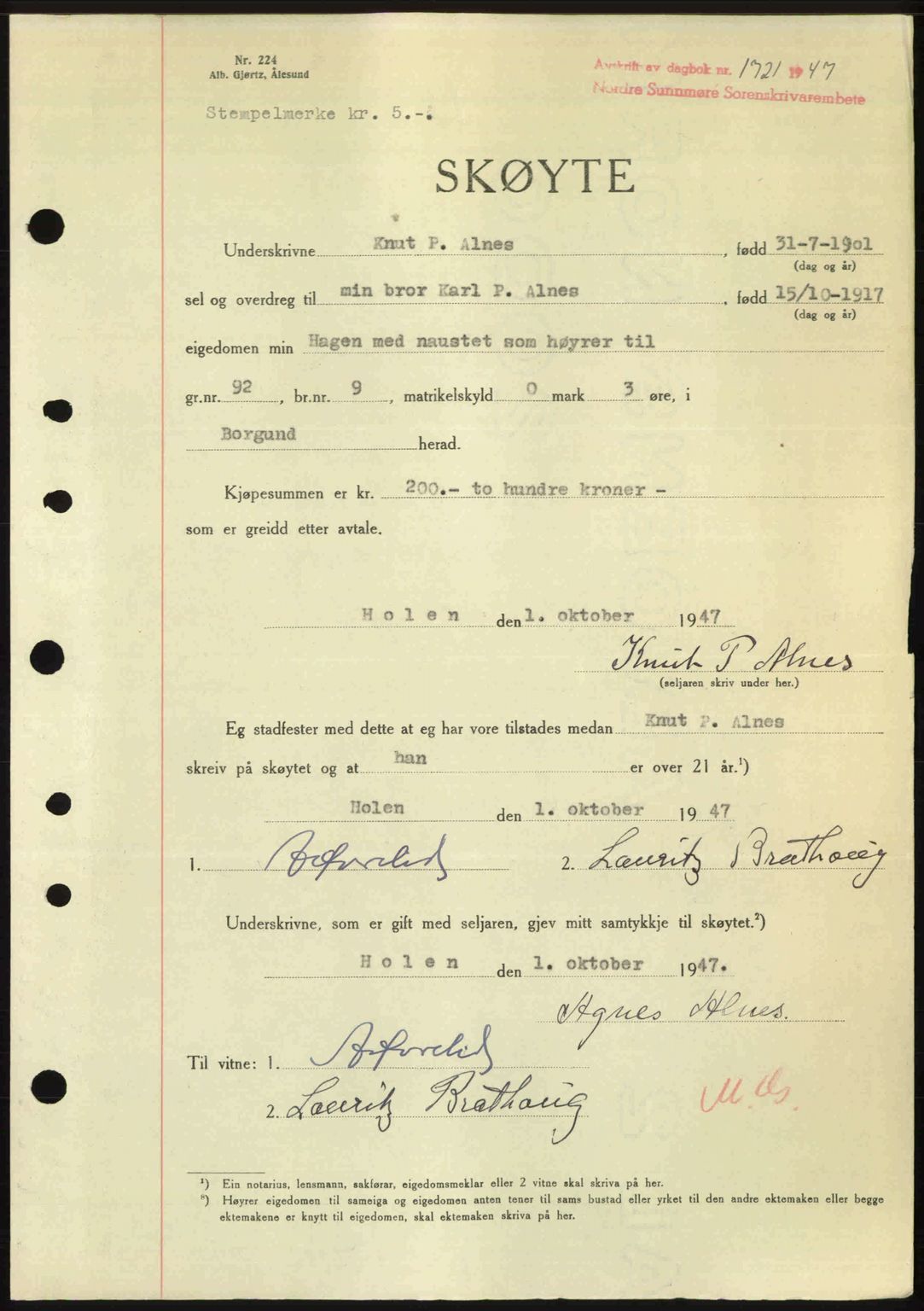 Nordre Sunnmøre sorenskriveri, AV/SAT-A-0006/1/2/2C/2Ca: Pantebok nr. A25, 1947-1947, Dagboknr: 1721/1947