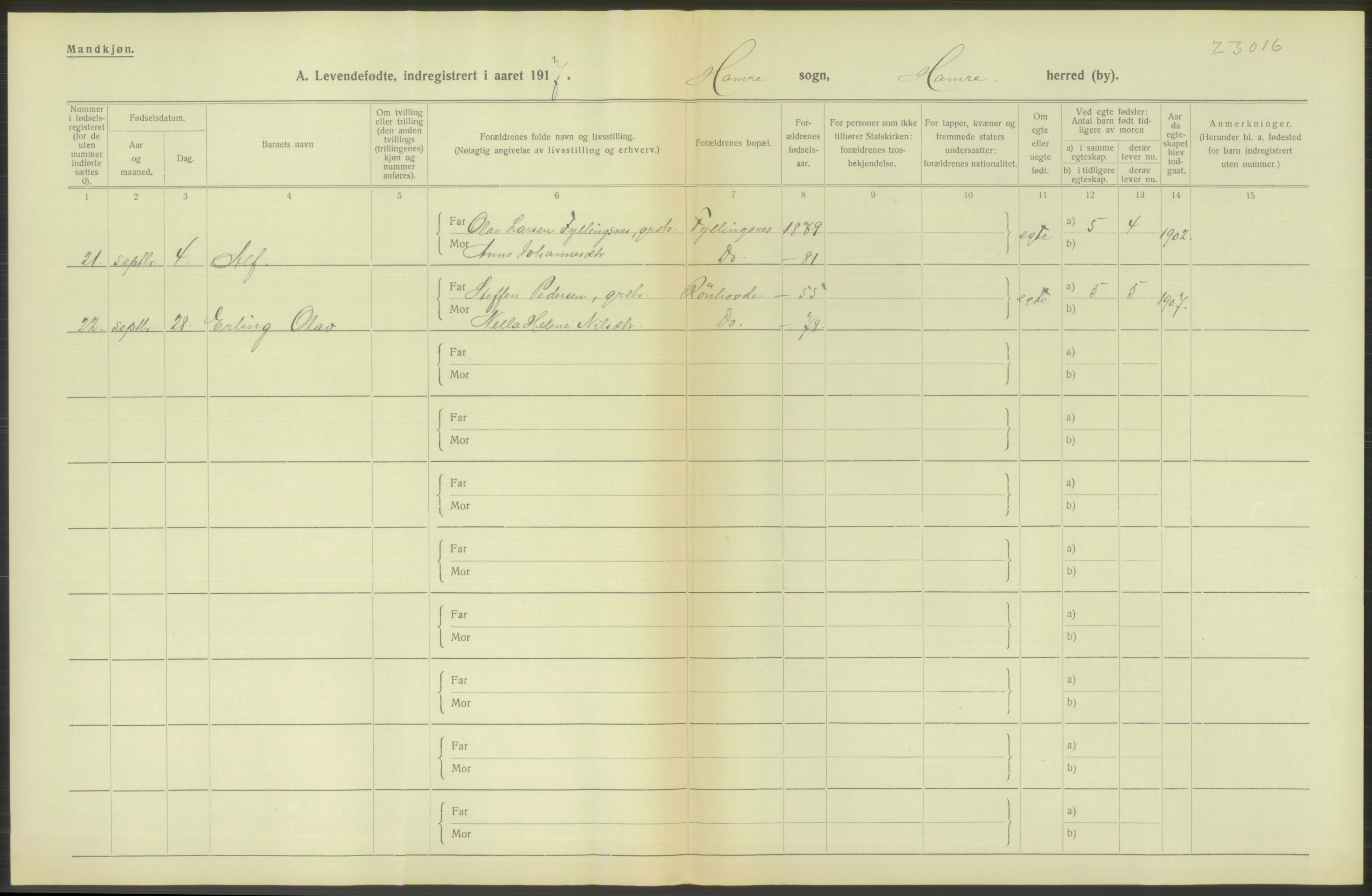 Statistisk sentralbyrå, Sosiodemografiske emner, Befolkning, RA/S-2228/D/Df/Dfb/Dfbg/L0034: S. Bergenhus amt: Levendefødte menn og kvinner. Bygder., 1917, s. 184