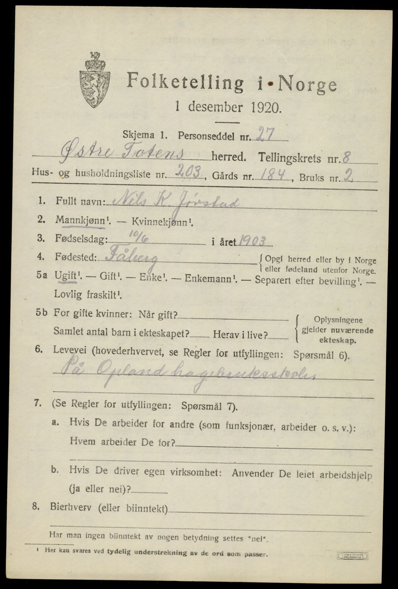SAH, Folketelling 1920 for 0528 Østre Toten herred, 1920, s. 17950