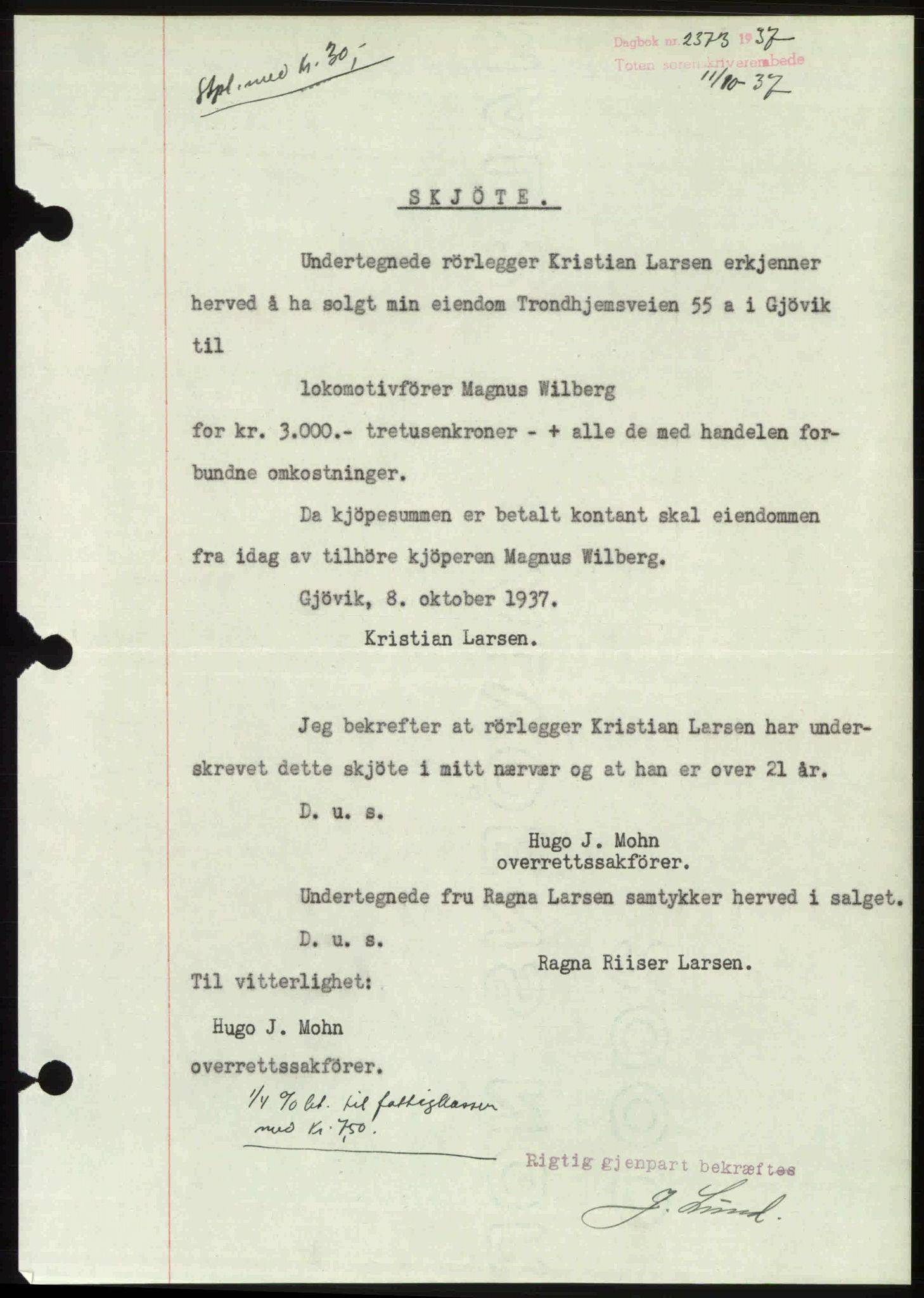 Toten tingrett, SAH/TING-006/H/Hb/Hbc/L0003: Pantebok nr. Hbc-03, 1937-1938, Dagboknr: 2373/1937