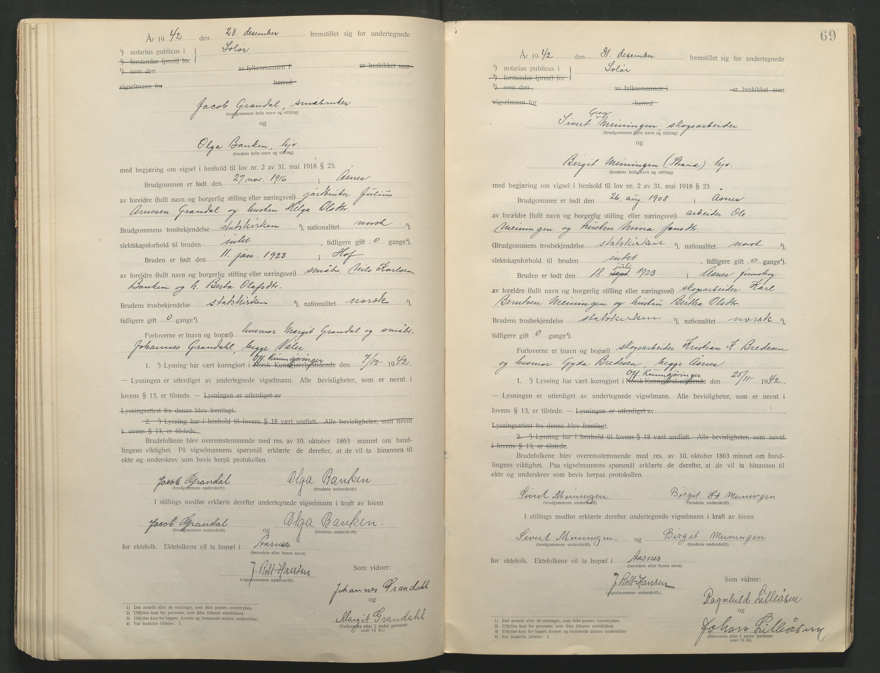 Solør tingrett, AV/SAH-TING-008/L/Lb/L0001: Vigselprotokoll, 1920-1943, s. 69