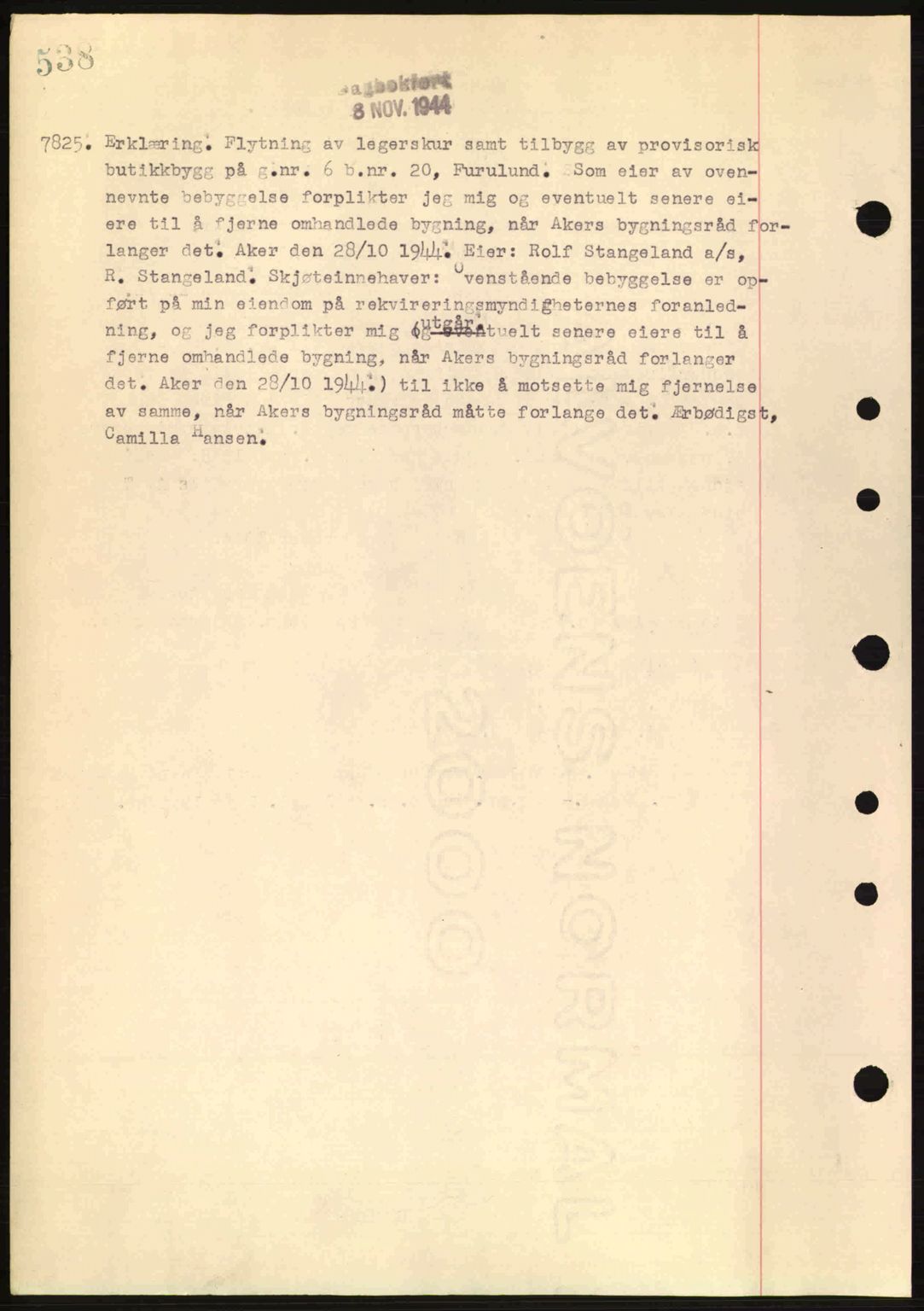 Aker herredsskriveri, SAO/A-10896/G/Gb/Gba/Gbac/L0035: Pantebok nr. B200-201, 1944-1944, Dagboknr: 7825/1944