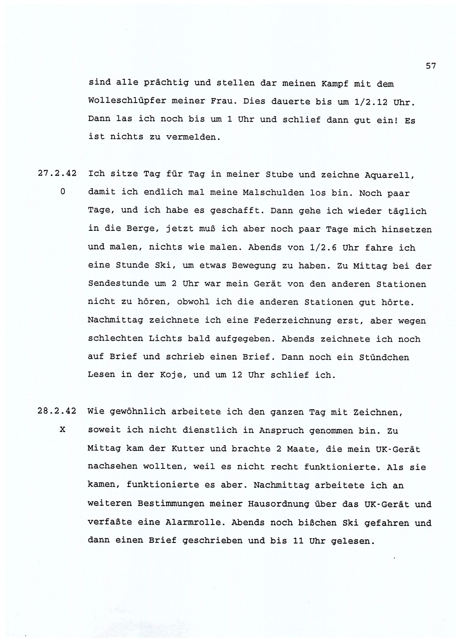 Dagbokopptegnelser av en tysk marineoffiser stasjonert i Norge , FMFB/A-1160/F/L0001: Dagbokopptegnelser av en tysk marineoffiser stasjonert i Norge, 1941-1944, s. 57