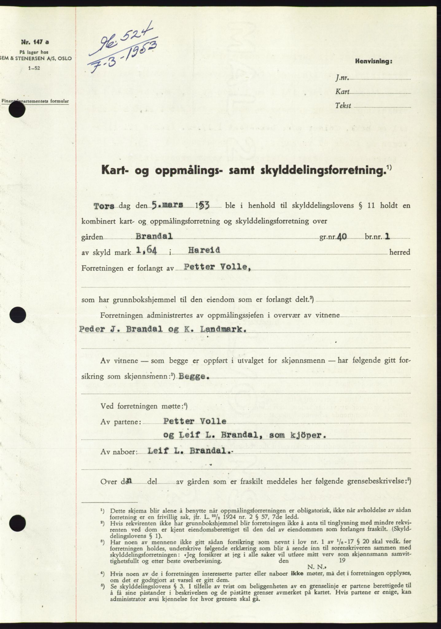 Søre Sunnmøre sorenskriveri, SAT/A-4122/1/2/2C/L0094: Pantebok nr. 20A, 1953-1953, Dagboknr: 524/1953