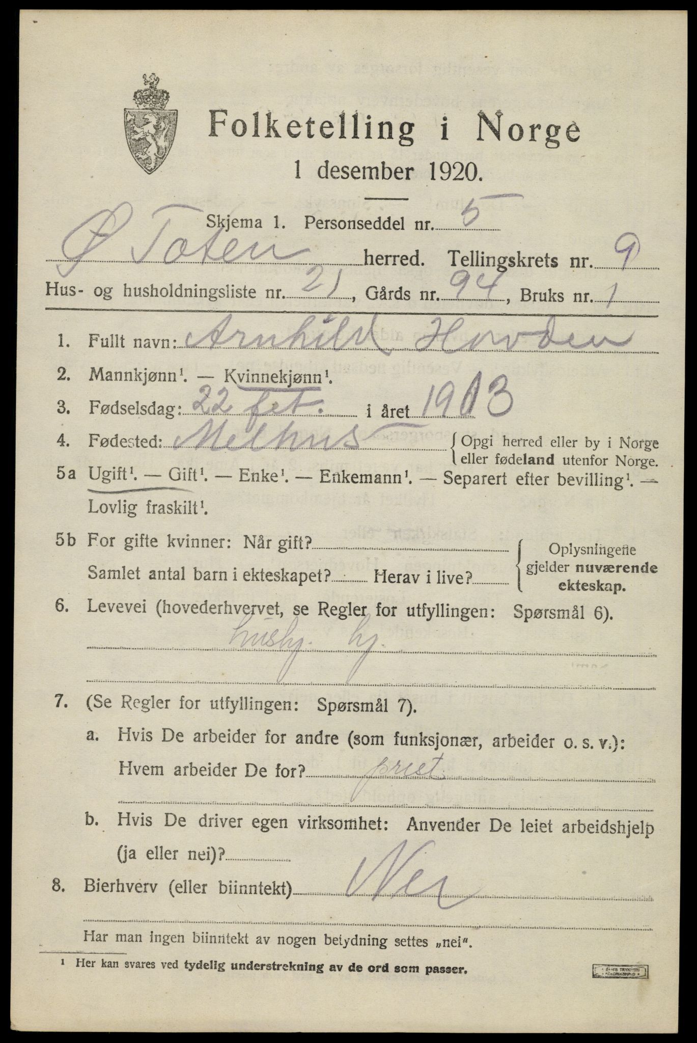 SAH, Folketelling 1920 for 0528 Østre Toten herred, 1920, s. 18432