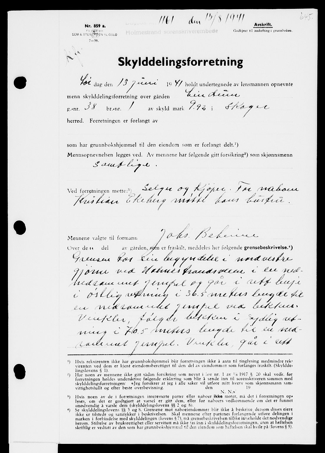 Holmestrand sorenskriveri, SAKO/A-67/G/Ga/Gaa/L0053: Pantebok nr. A-53, 1941-1941, Dagboknr: 1161/1941