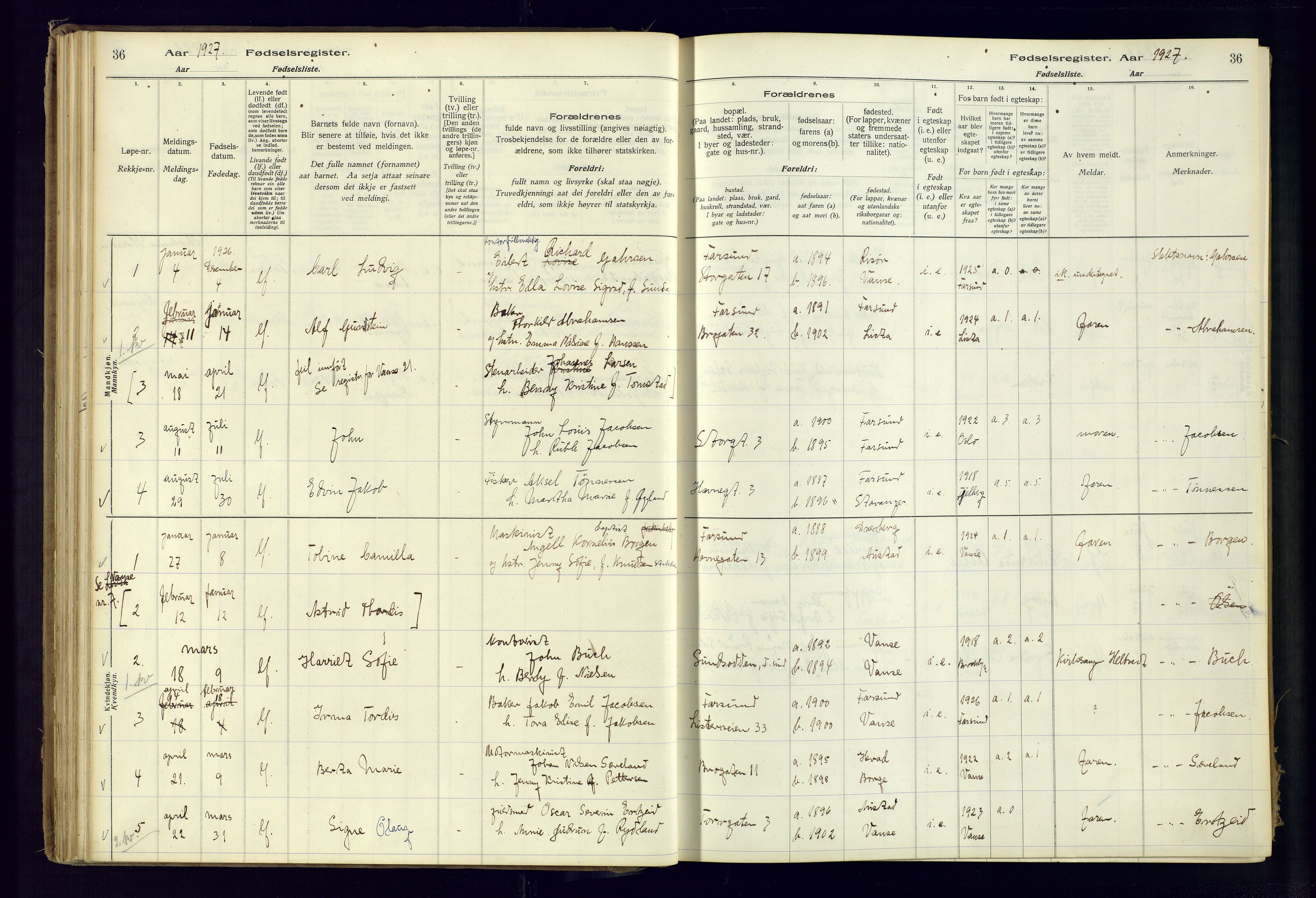 Farsund sokneprestkontor, SAK/1111-0009/J/Ja/L0001: Fødselsregister nr. A-VI-8, 1916-1950, s. 36