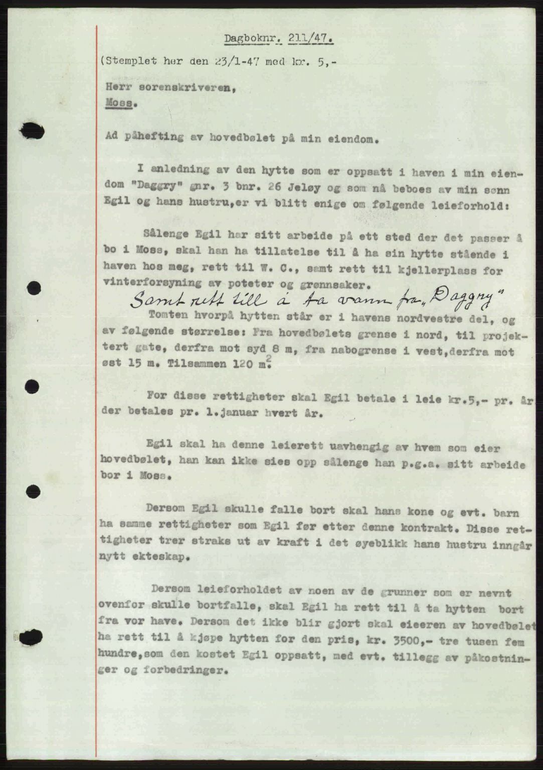 Moss sorenskriveri, SAO/A-10168: Pantebok nr. A17, 1947-1947, Dagboknr: 211/1947