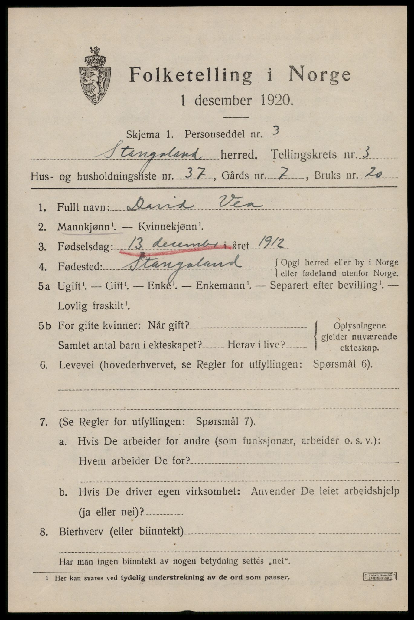 SAST, Folketelling 1920 for 1148 Stangaland herred, 1920, s. 2747