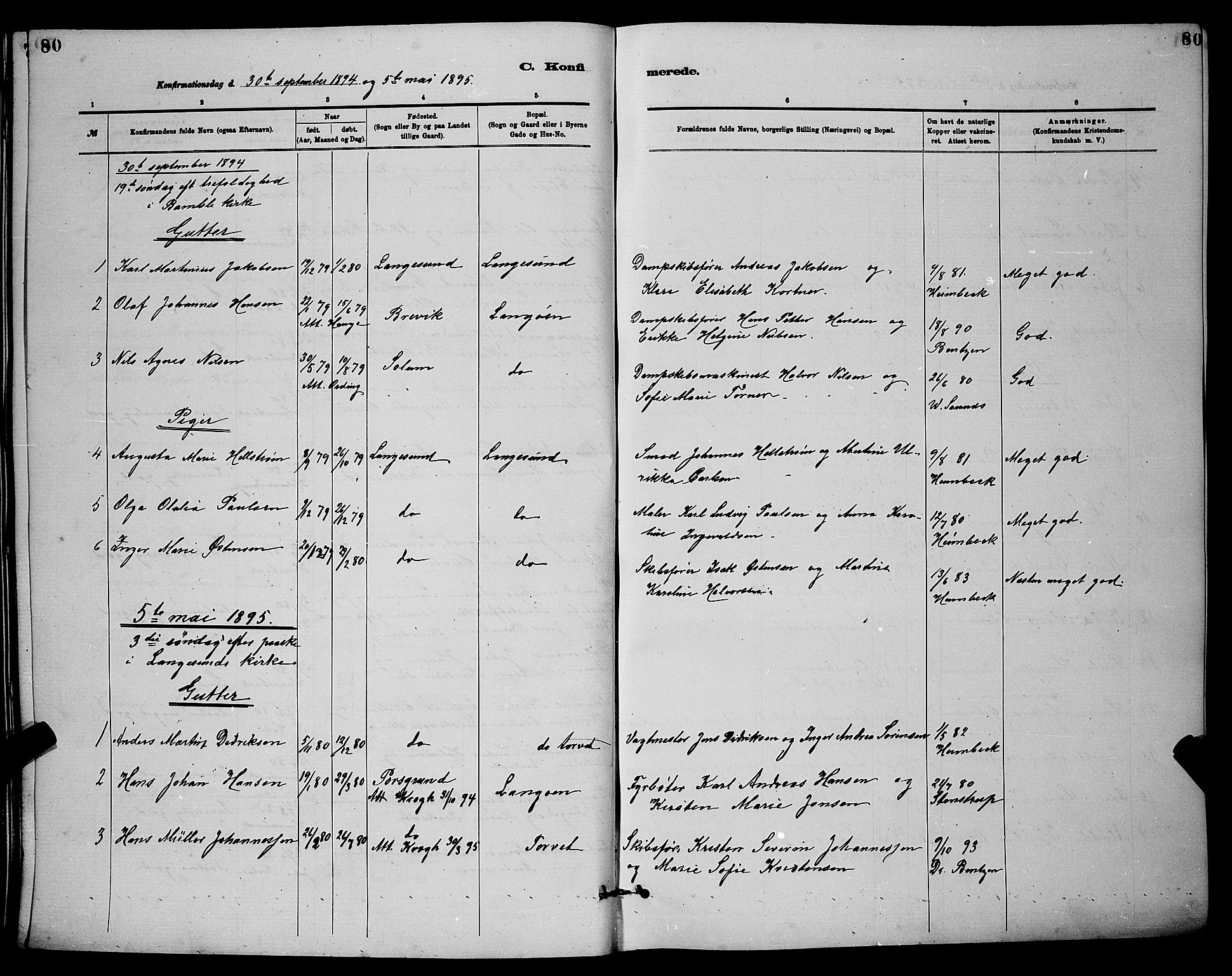 Langesund kirkebøker, AV/SAKO-A-280/G/Ga/L0005: Klokkerbok nr. 5, 1884-1898, s. 80