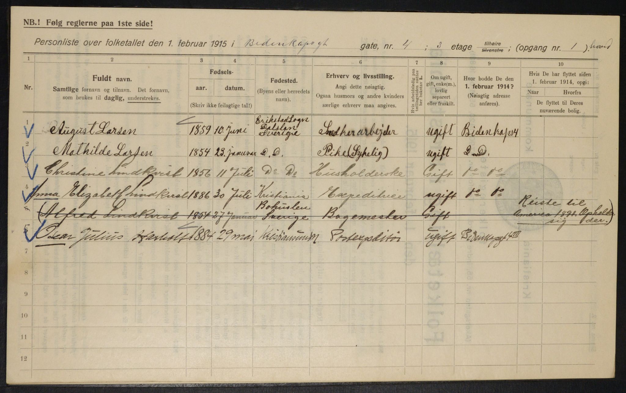 OBA, Kommunal folketelling 1.2.1915 for Kristiania, 1915, s. 4813