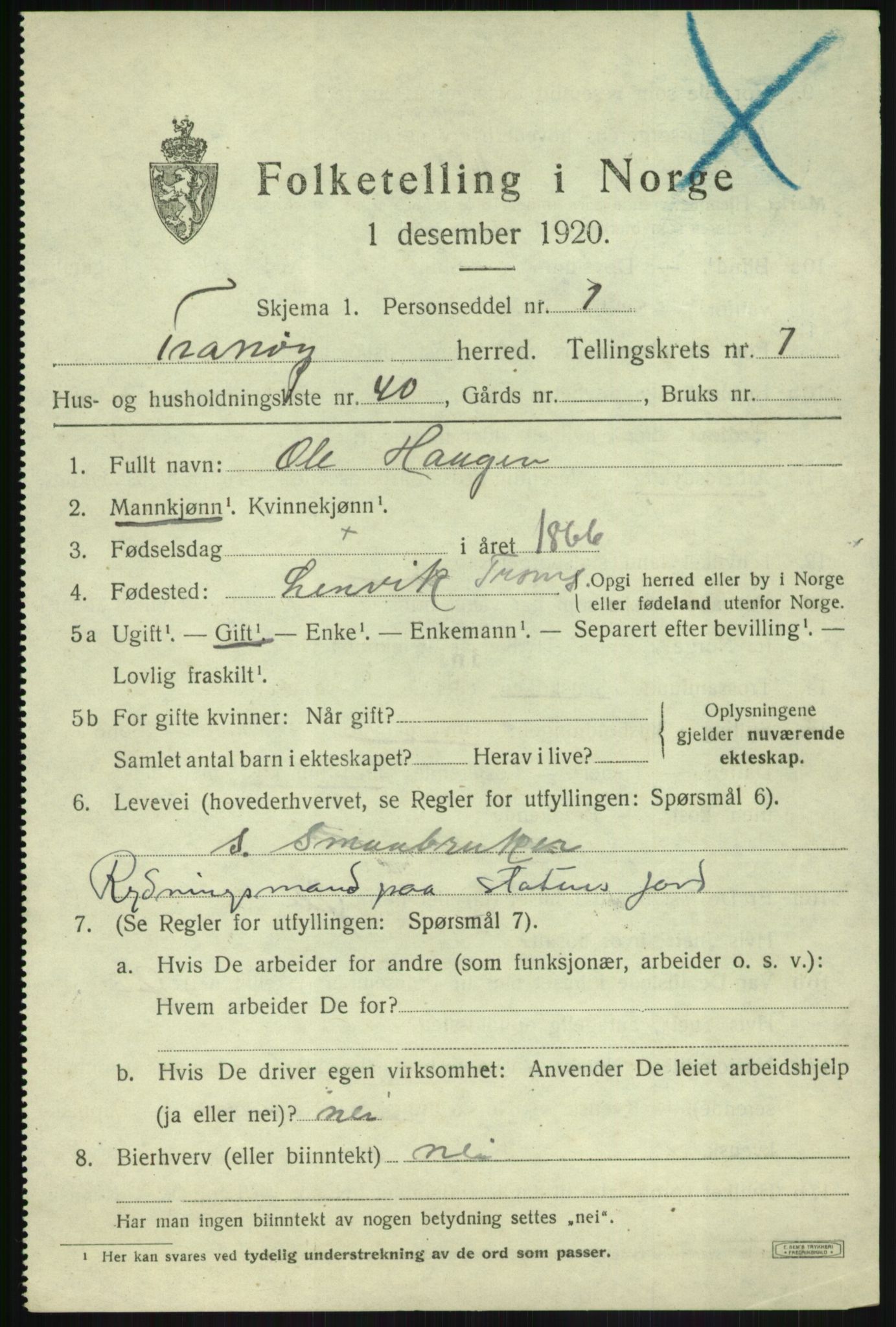 SATØ, Folketelling 1920 for 1927 Tranøy herred, 1920, s. 3807