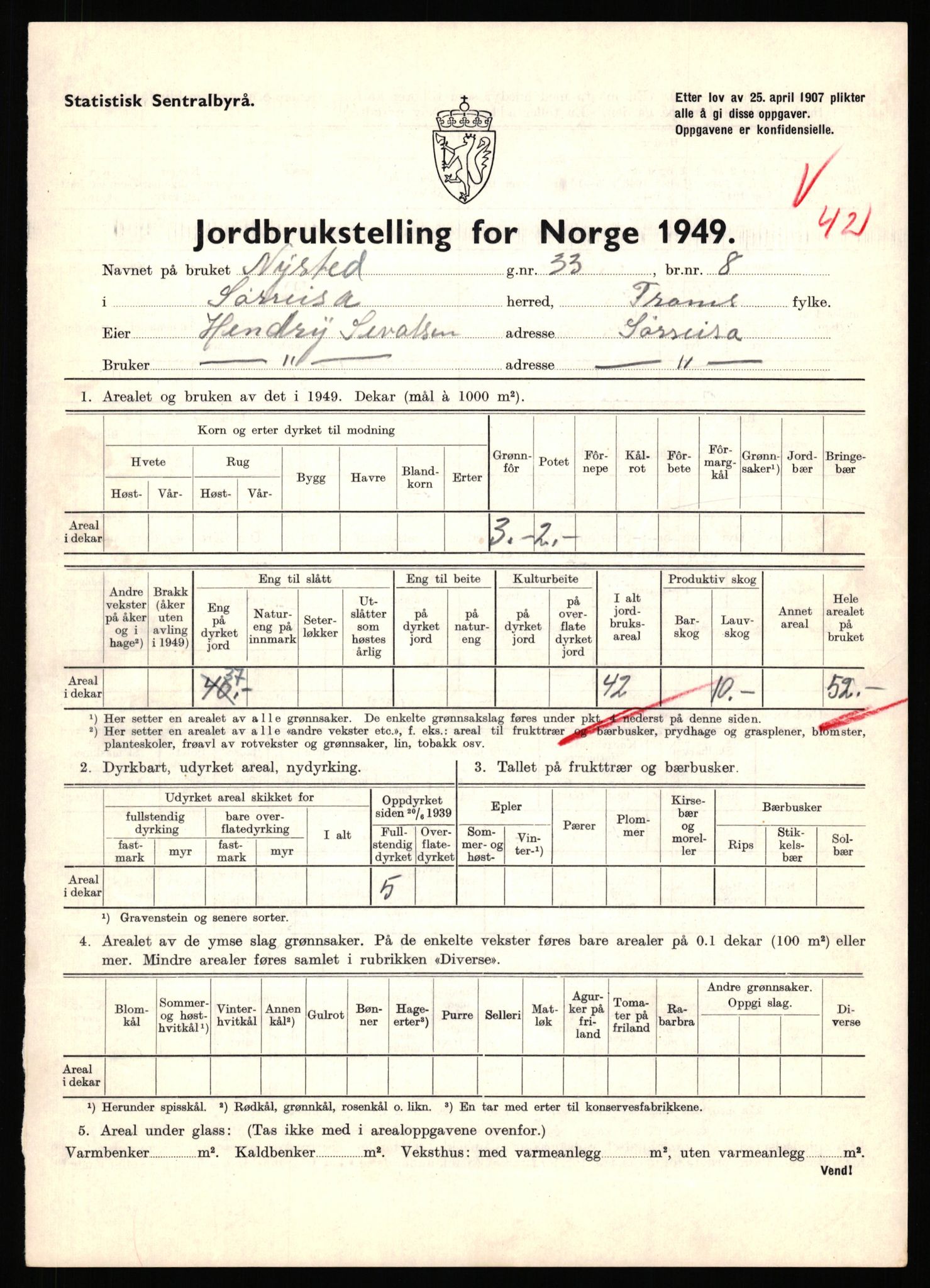 Statistisk sentralbyrå, Næringsøkonomiske emner, Jordbruk, skogbruk, jakt, fiske og fangst, AV/RA-S-2234/G/Gc/L0440: Troms: Sørreisa og Dyrøy, 1949, s. 515