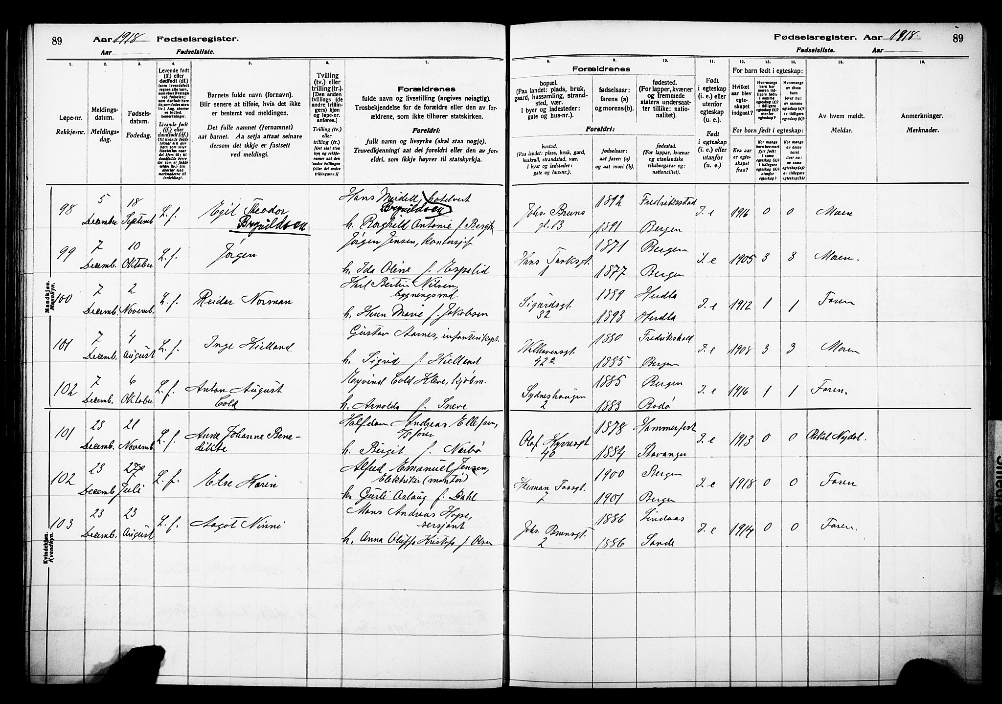 Johanneskirken sokneprestembete, SAB/A-76001/I/Id/L00A1: Fødselsregister nr. A 1, 1916-1924, s. 89