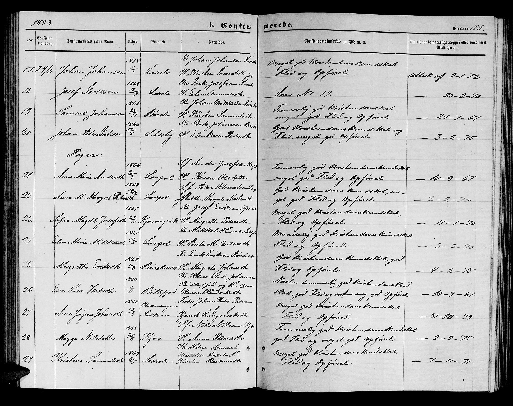 Kistrand/Porsanger sokneprestembete, AV/SATØ-S-1351/H/Hb/L0003.klokk: Klokkerbok nr. 3, 1874-1885, s. 105