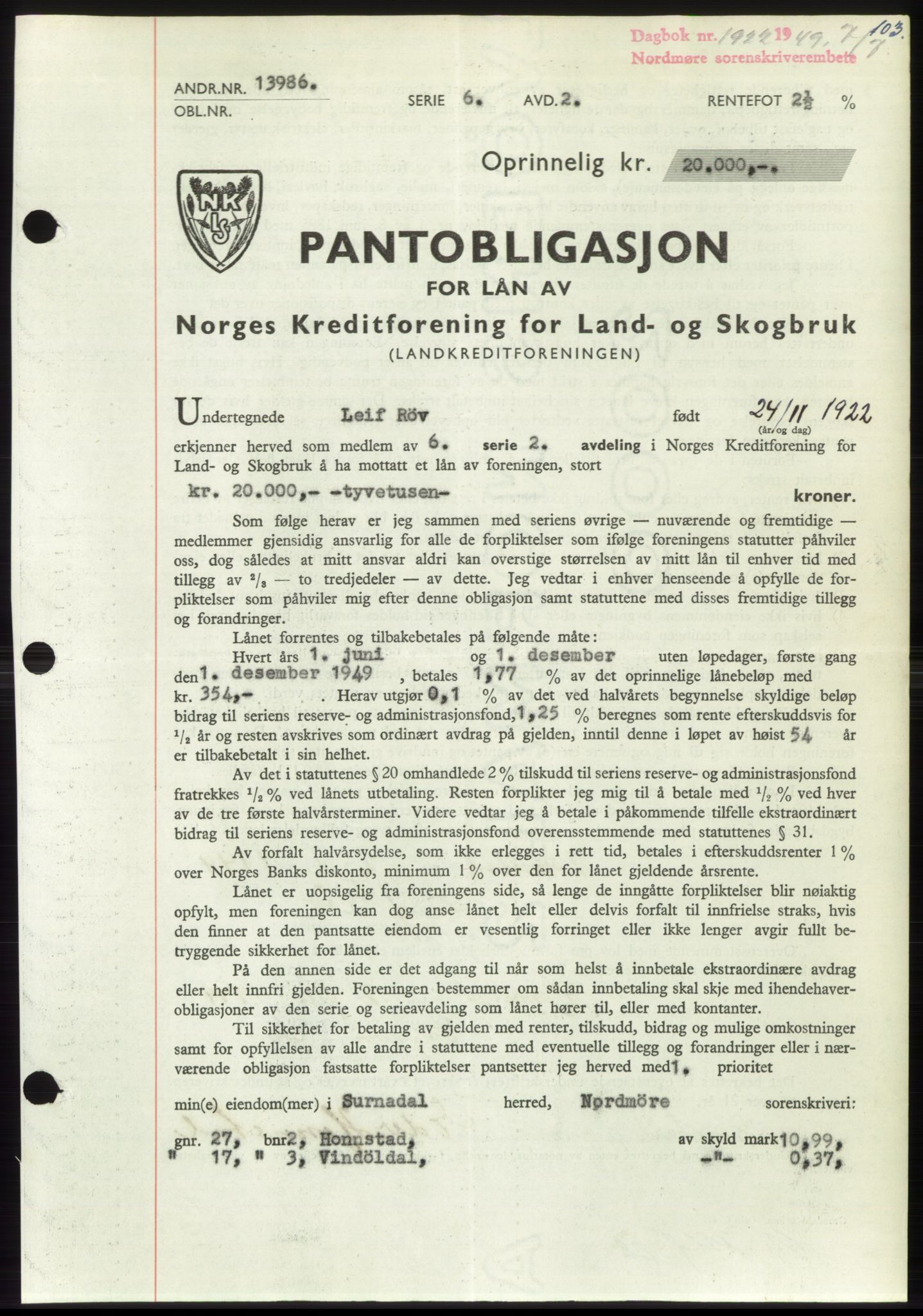 Nordmøre sorenskriveri, SAT/A-4132/1/2/2Ca: Pantebok nr. B102, 1949-1949, Dagboknr: 1922/1949