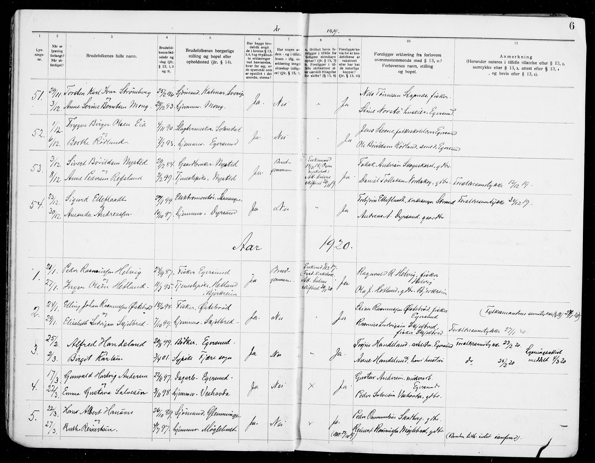 Eigersund sokneprestkontor, AV/SAST-A-101807/S27/L0003: Lysningsprotokoll nr. 3, 1919-1939, s. 6