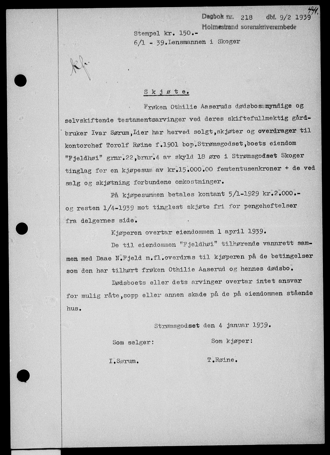 Holmestrand sorenskriveri, SAKO/A-67/G/Ga/Gaa/L0050: Pantebok nr. A-50, 1938-1939, Dagboknr: 218/1939
