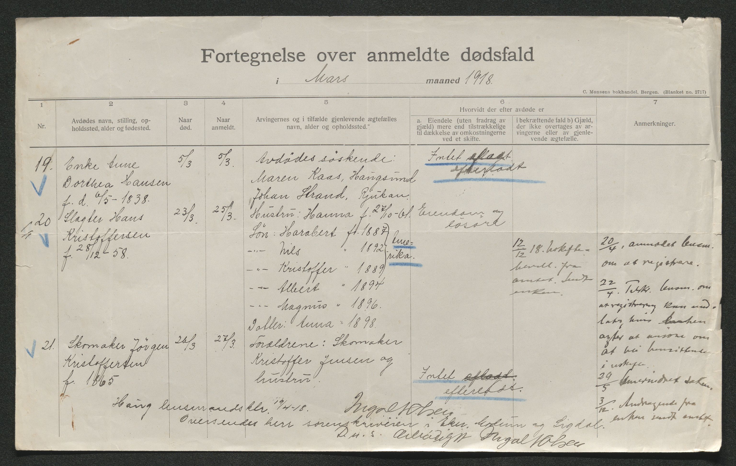 Eiker, Modum og Sigdal sorenskriveri, AV/SAKO-A-123/H/Ha/Hab/L0039: Dødsfallsmeldinger, 1918-1919, s. 415