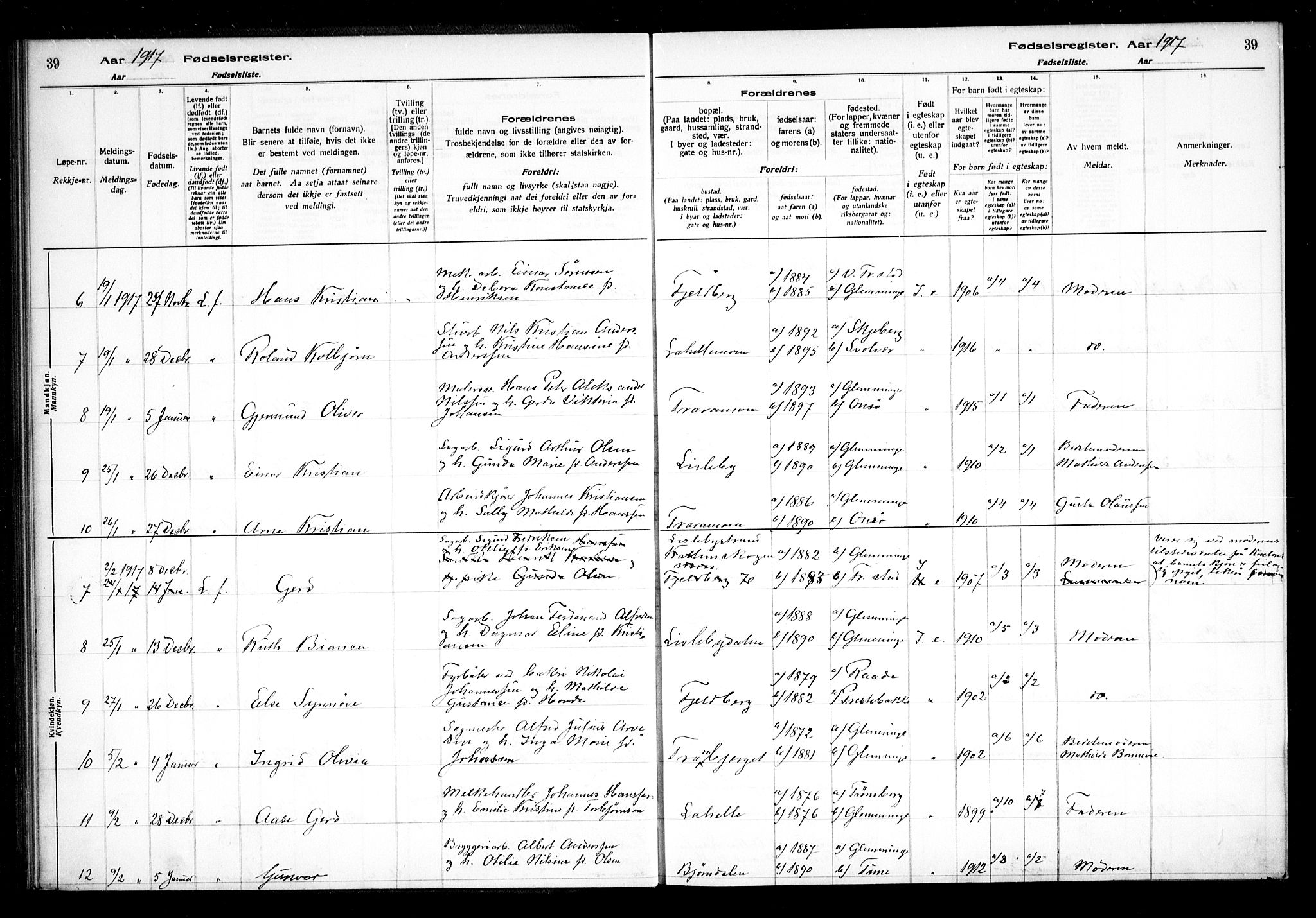 Glemmen prestekontor Kirkebøker, AV/SAO-A-10908/J/Ja/L0001: Fødselsregister nr. I 1, 1916-1922, s. 39