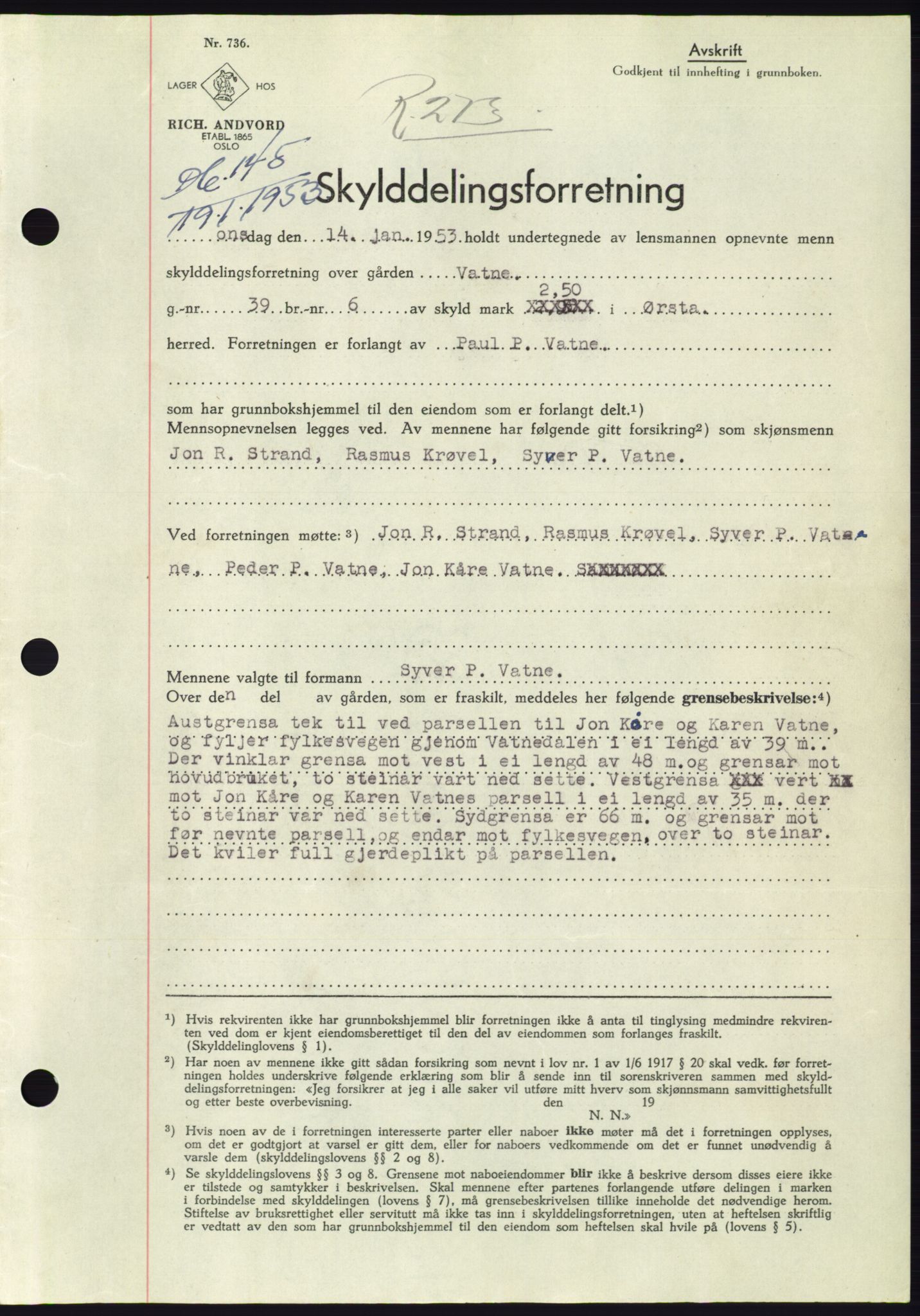 Søre Sunnmøre sorenskriveri, SAT/A-4122/1/2/2C/L0094: Pantebok nr. 20A, 1953-1953, Dagboknr: 145/1953