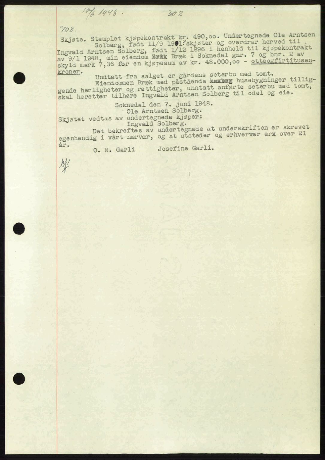 Gauldal sorenskriveri, SAT/A-0014/1/2/2C: Pantebok nr. A6, 1948-1948, Dagboknr: 708/1948