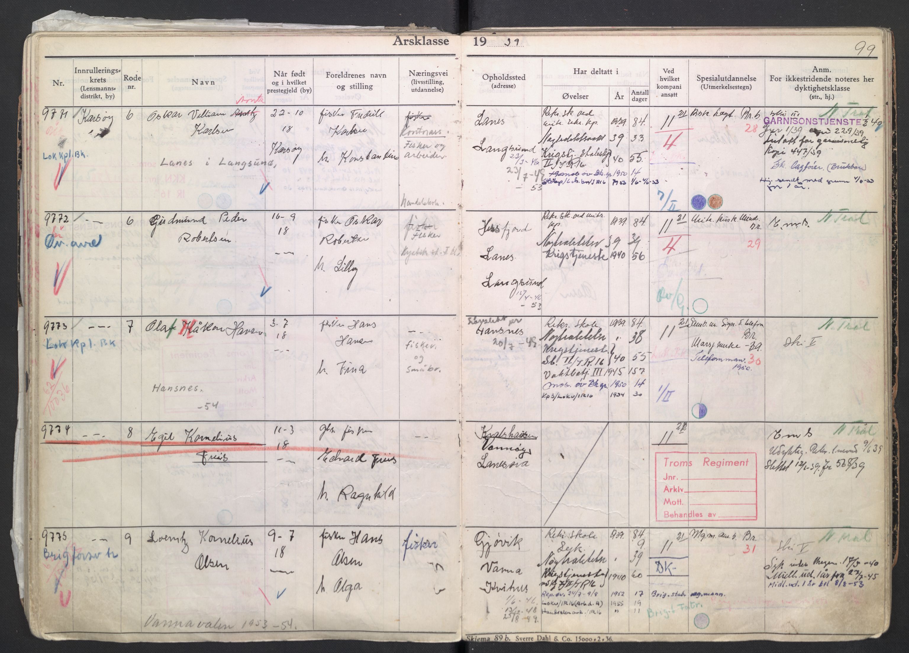 Forsvaret, Troms infanteriregiment nr. 16, AV/RA-RAFA-3146/P/Pa/L0007/0004: Ruller / Rulle for regimentets menige mannskaper, årsklasse 1939, 1939, s. 99