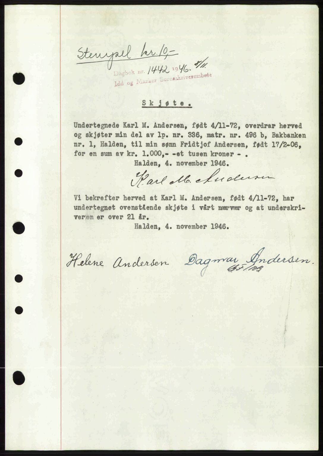 Idd og Marker sorenskriveri, SAO/A-10283/G/Gb/Gbb/L0008: Pantebok nr. A8, 1946-1946, Dagboknr: 1442/1946