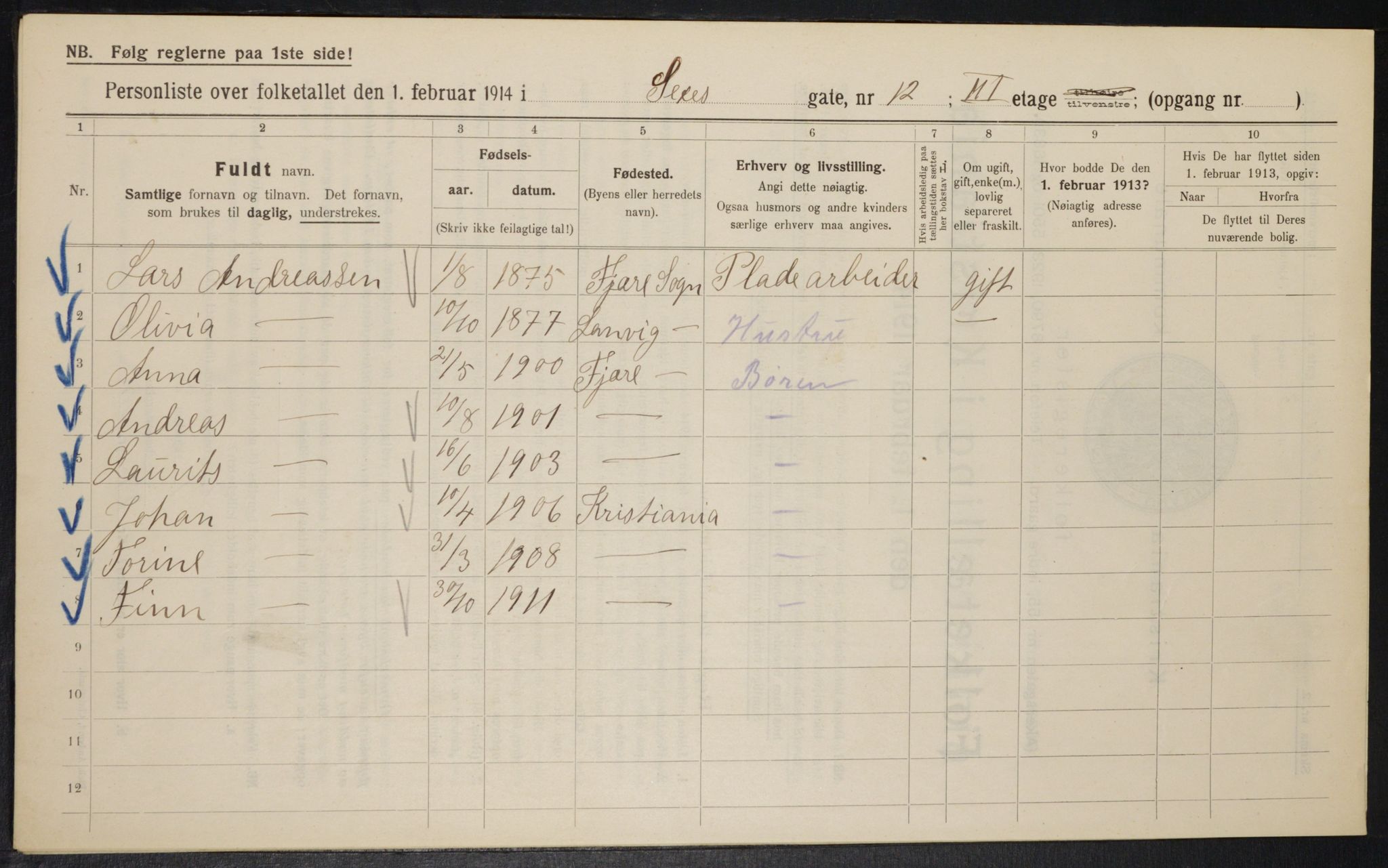 OBA, Kommunal folketelling 1.2.1914 for Kristiania, 1914, s. 94622