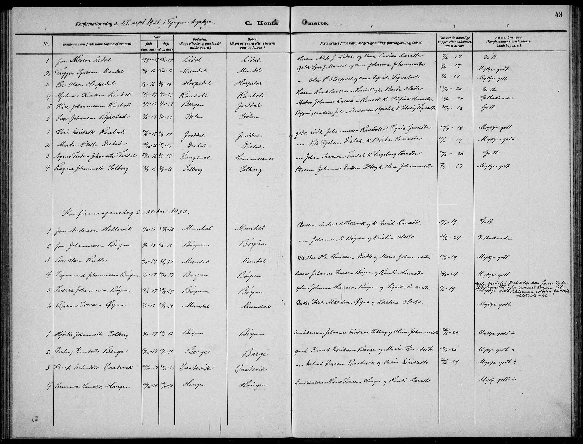 Balestrand sokneprestembete, AV/SAB-A-79601/H/Hab/Habb/L0002: Klokkerbok nr. B 2, 1917-1940, s. 43