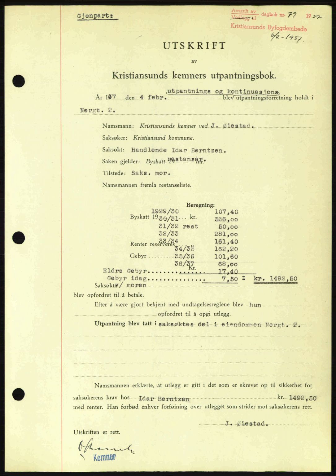 Kristiansund byfogd, SAT/A-4587/A/27: Pantebok nr. 29, 1936-1937, Dagboknr: 79/1937