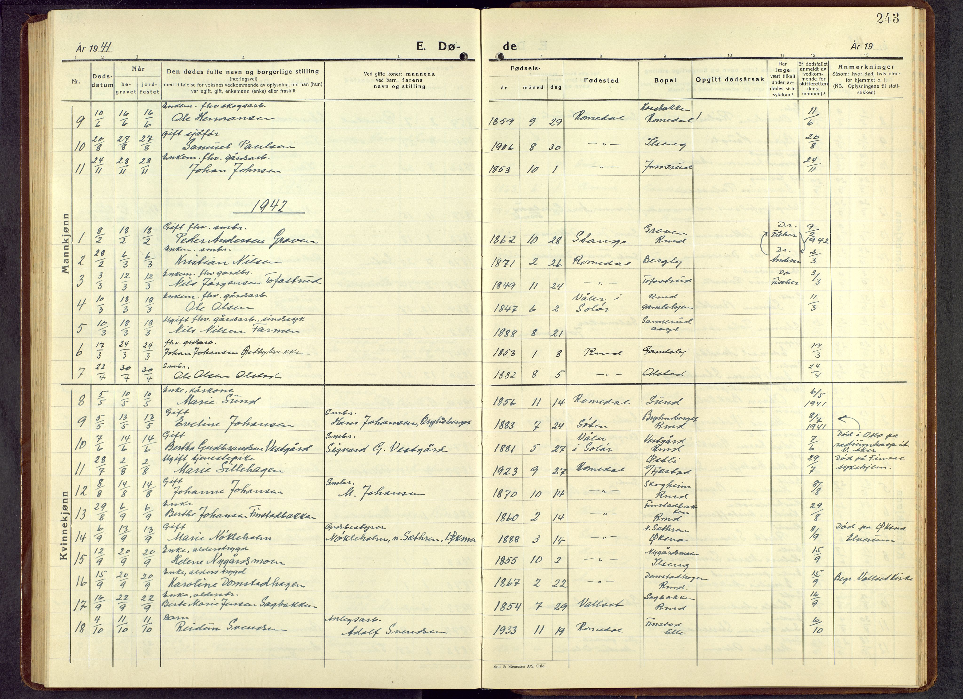 Romedal prestekontor, AV/SAH-PREST-004/L/L0016: Klokkerbok nr. 16, 1940-1958, s. 243