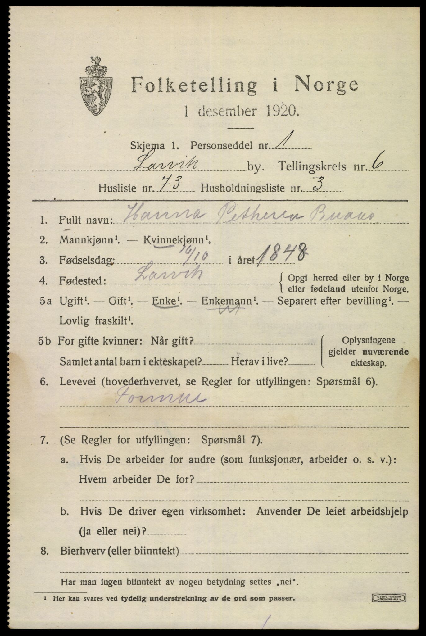 SAKO, Folketelling 1920 for 0707 Larvik kjøpstad, 1920, s. 19166