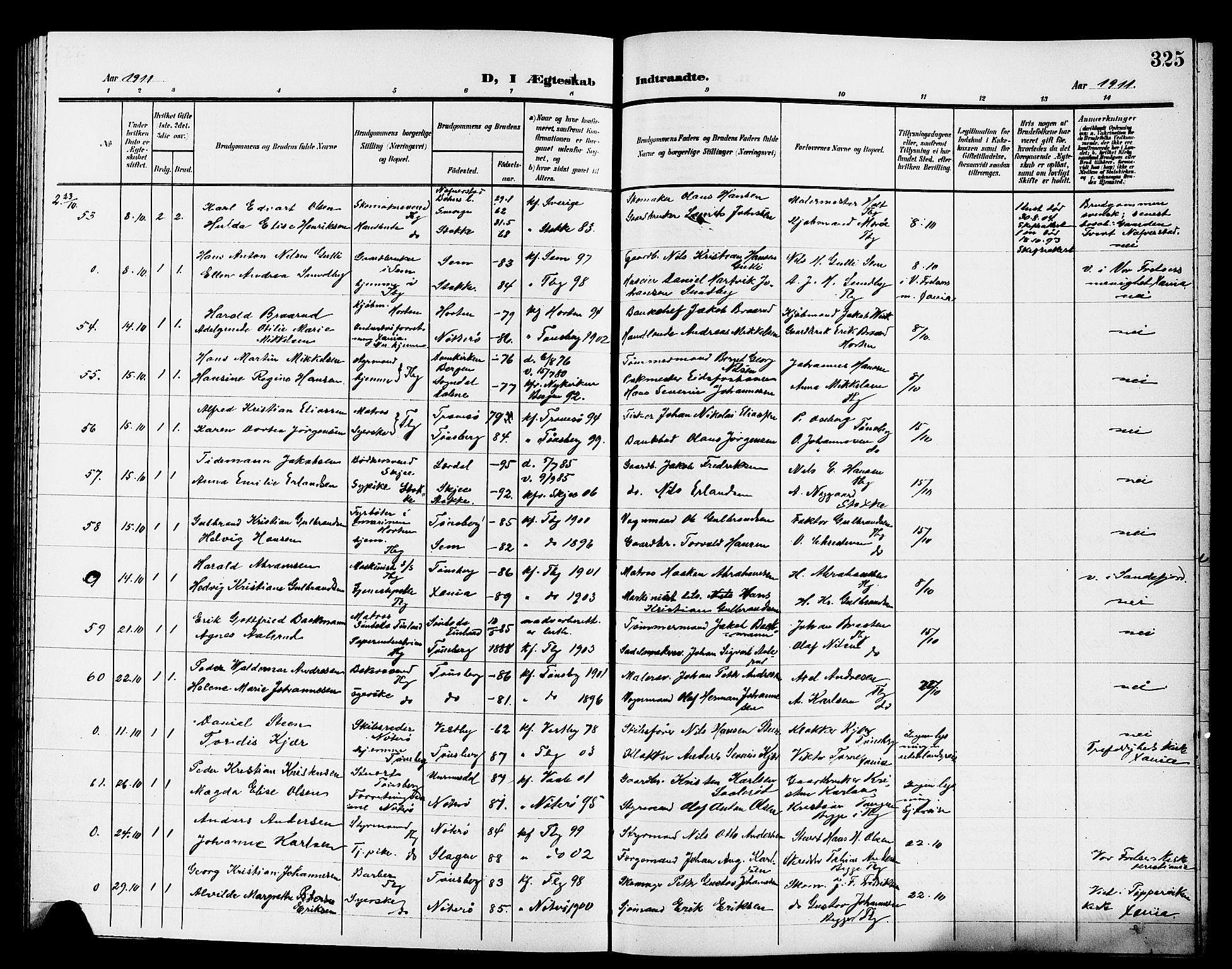 Tønsberg kirkebøker, AV/SAKO-A-330/G/Ga/L0008: Klokkerbok nr. 8, 1905-1912, s. 325