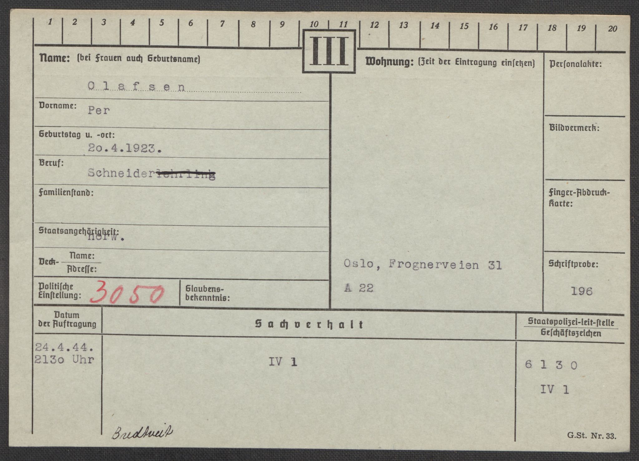 Befehlshaber der Sicherheitspolizei und des SD, AV/RA-RAFA-5969/E/Ea/Eaa/L0008: Register over norske fanger i Møllergata 19: Oelze-Ru, 1940-1945, s. 20