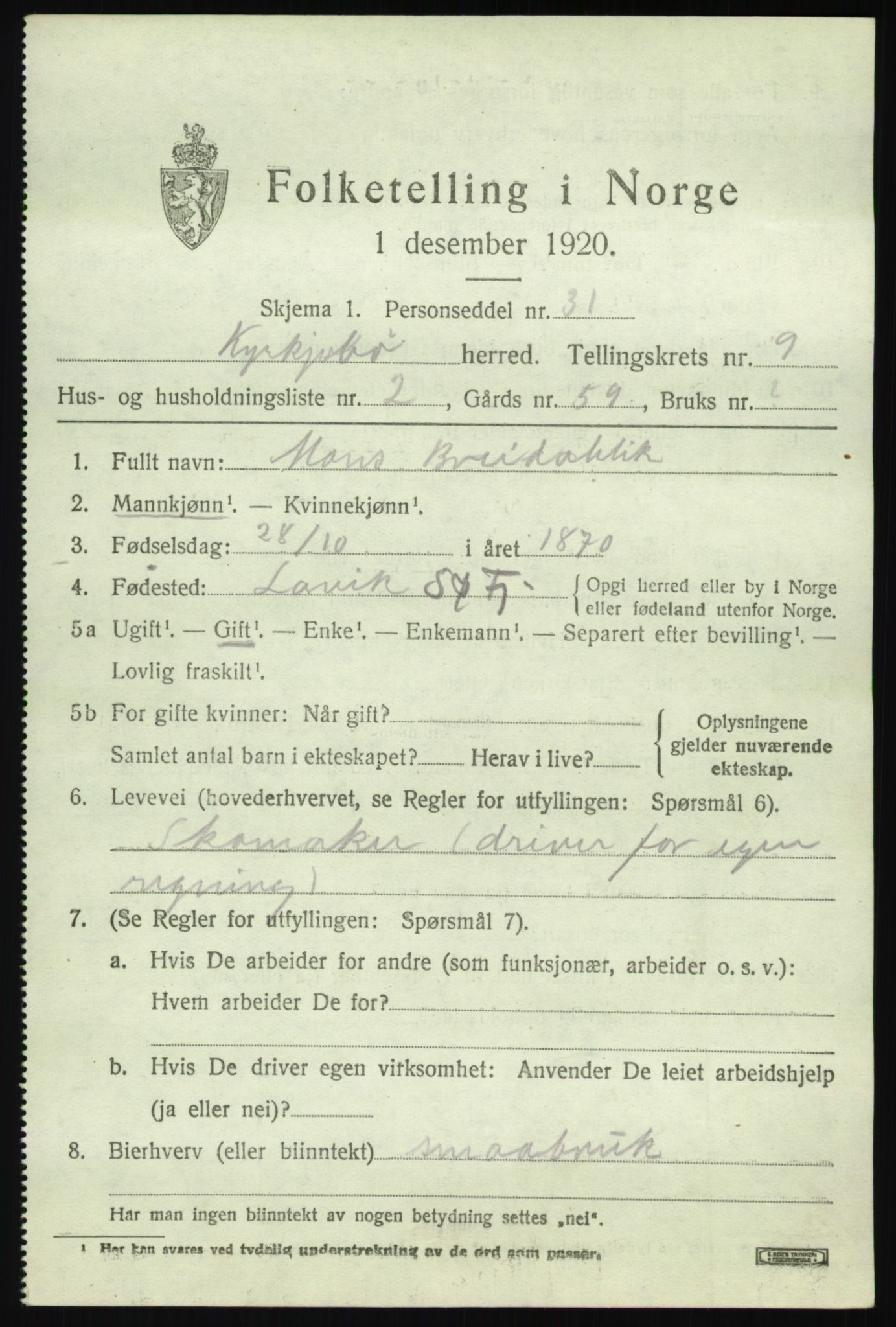 SAB, Folketelling 1920 for 1416 Kyrkjebø herred, 1920, s. 3961