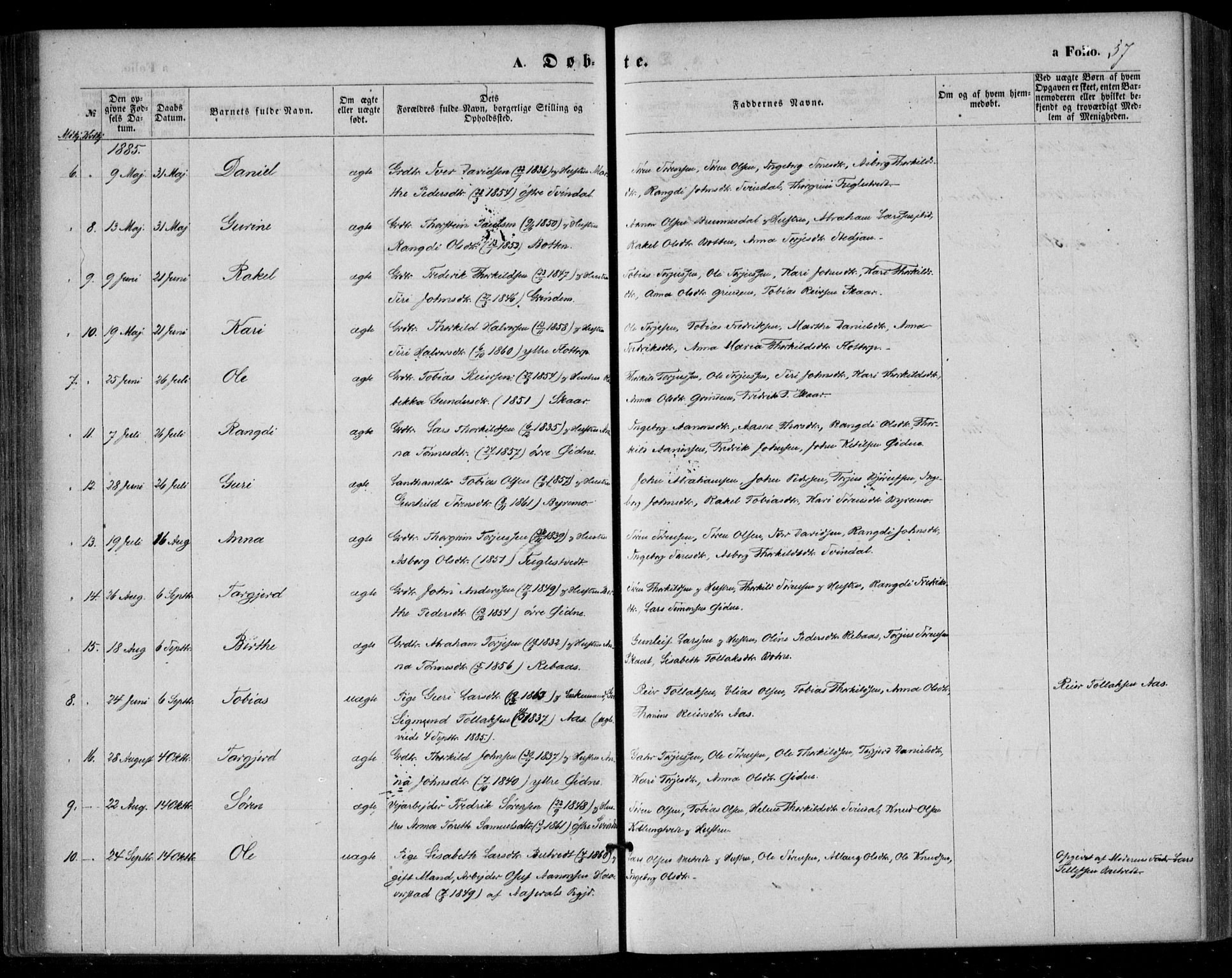 Bjelland sokneprestkontor, SAK/1111-0005/F/Fa/Fac/L0002: Ministerialbok nr. A 2, 1866-1887, s. 57