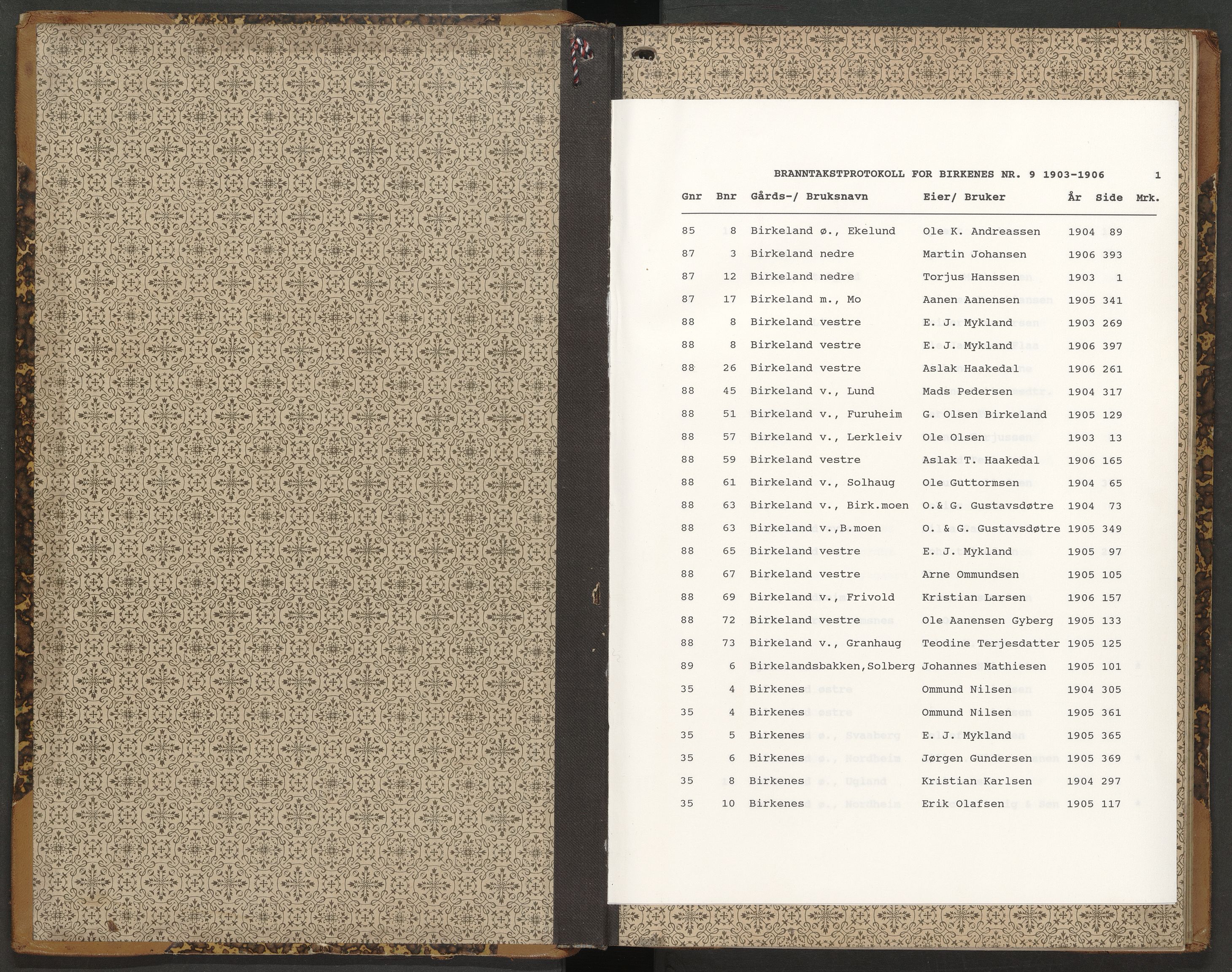 Norges Brannkasse Birkenes, AV/SAK-2241-0005/F/Fa/L0009: Branntakstprotokoll nr. 9 med gårdsnavnregister, 1903-1906