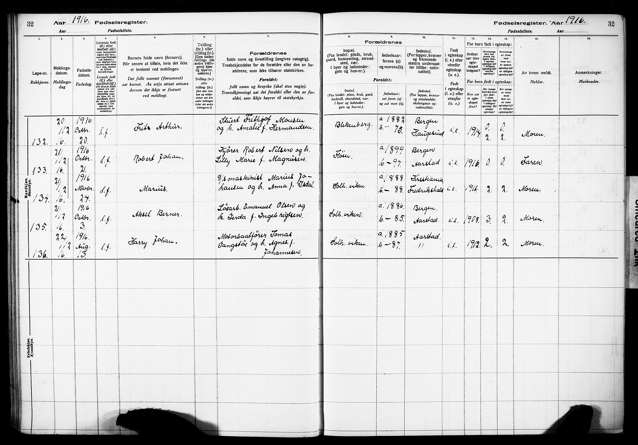 Årstad Sokneprestembete, AV/SAB-A-79301/I/Id/L0A01: Fødselsregister nr. A 1, 1916-1920, s. 32
